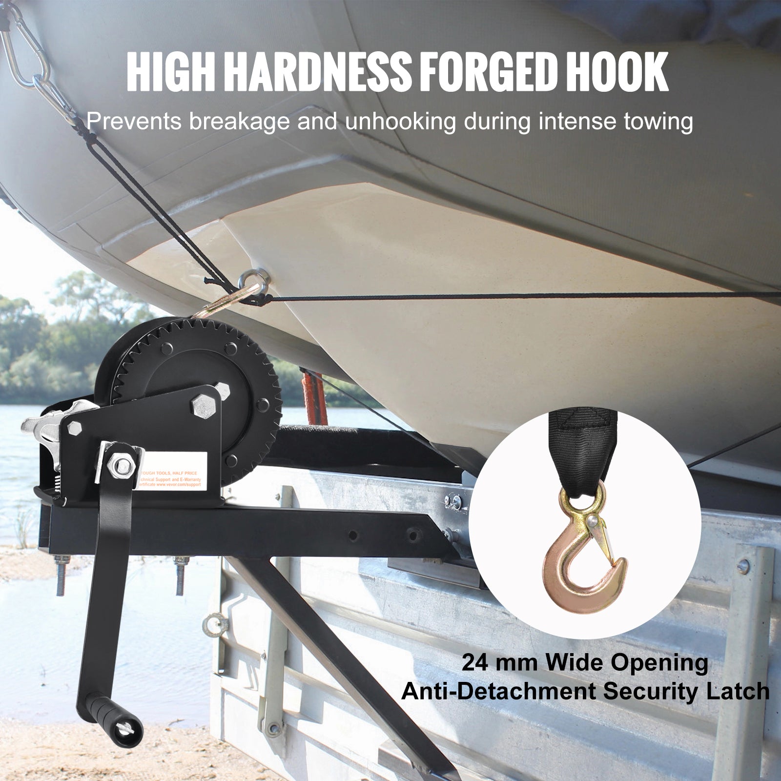 Hand Winch, 1200 lbs Pulling Capacity, Boat Trailer Winch Heavy Duty Rope Crank with 23 ft Polyester Strap and Two-Way Ratchet, Manual Operated Hand Crank Winch for Trailer, Boat or ATV Towing