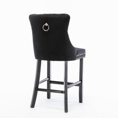 Contemporary Velvet Upholstered Barstools with Button Tufted Decoration and Wooden Legs, and Chrome Nailhead Trim, Leisure Style Bar Chairs,Bar stools, Set of 2 (Black),SW2002BK
