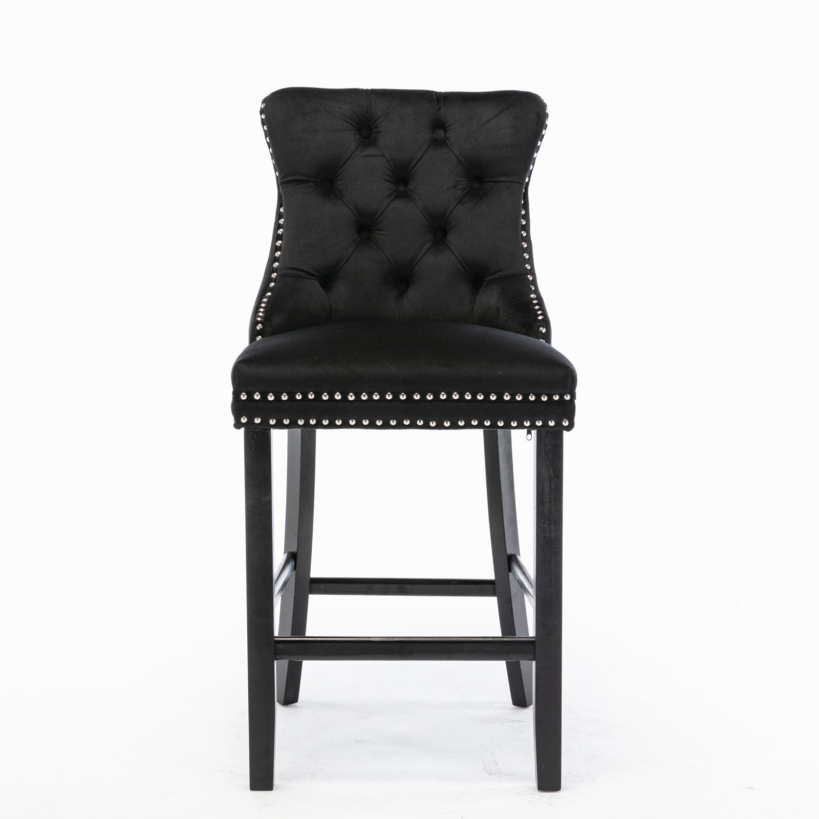 Contemporary Velvet Upholstered Barstools with Button Tufted Decoration and Wooden Legs, and Chrome Nailhead Trim, Leisure Style Bar Chairs,Bar stools, Set of 2 (Black),SW2002BK