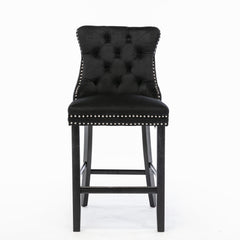 Contemporary Velvet Upholstered Barstools with Button Tufted Decoration and Wooden Legs, and Chrome Nailhead Trim, Leisure Style Bar Chairs,Bar stools, Set of 2 (Black),SW2002BK