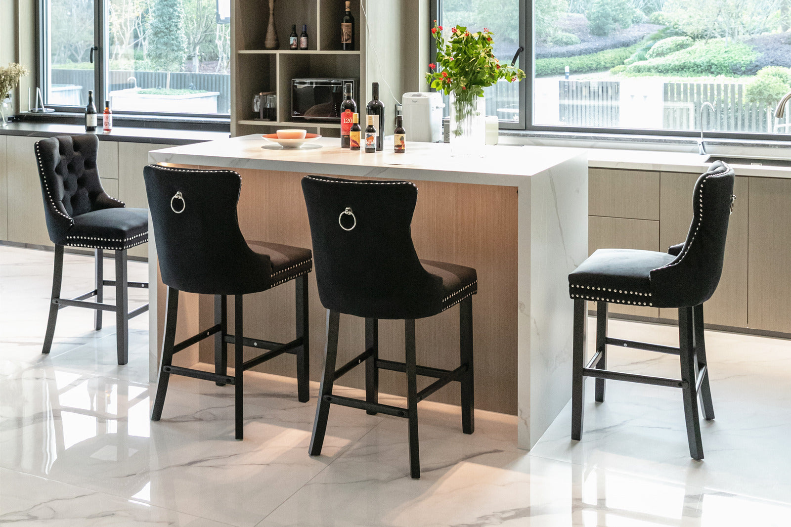 Contemporary Velvet Upholstered Barstools with Button Tufted Decoration and Wooden Legs, and Chrome Nailhead Trim, Leisure Style Bar Chairs,Bar stools, Set of 2 (Black),SW2002BK