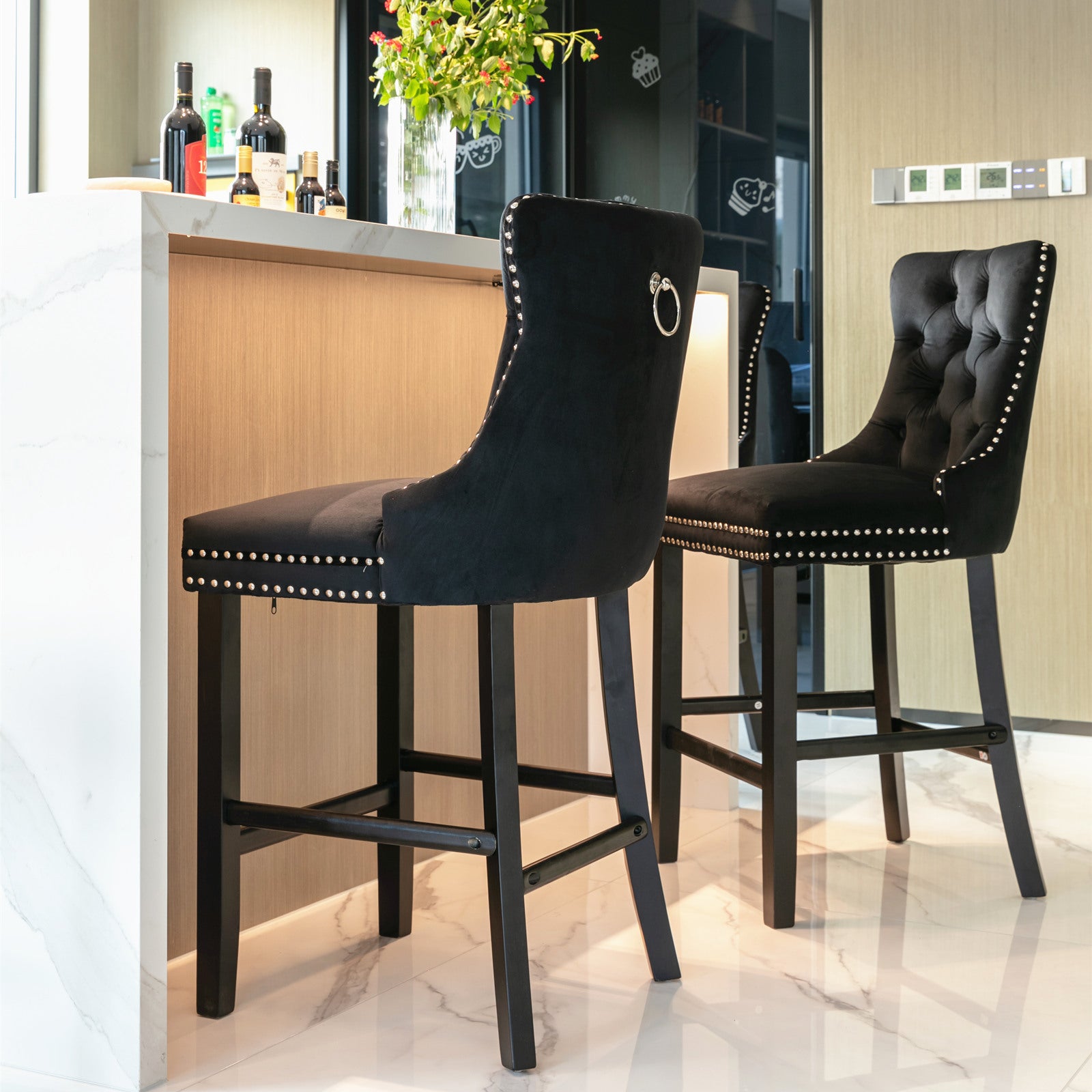 Contemporary Velvet Upholstered Barstools with Button Tufted Decoration and Wooden Legs, and Chrome Nailhead Trim, Leisure Style Bar Chairs,Bar stools, Set of 2 (Black),SW2002BK