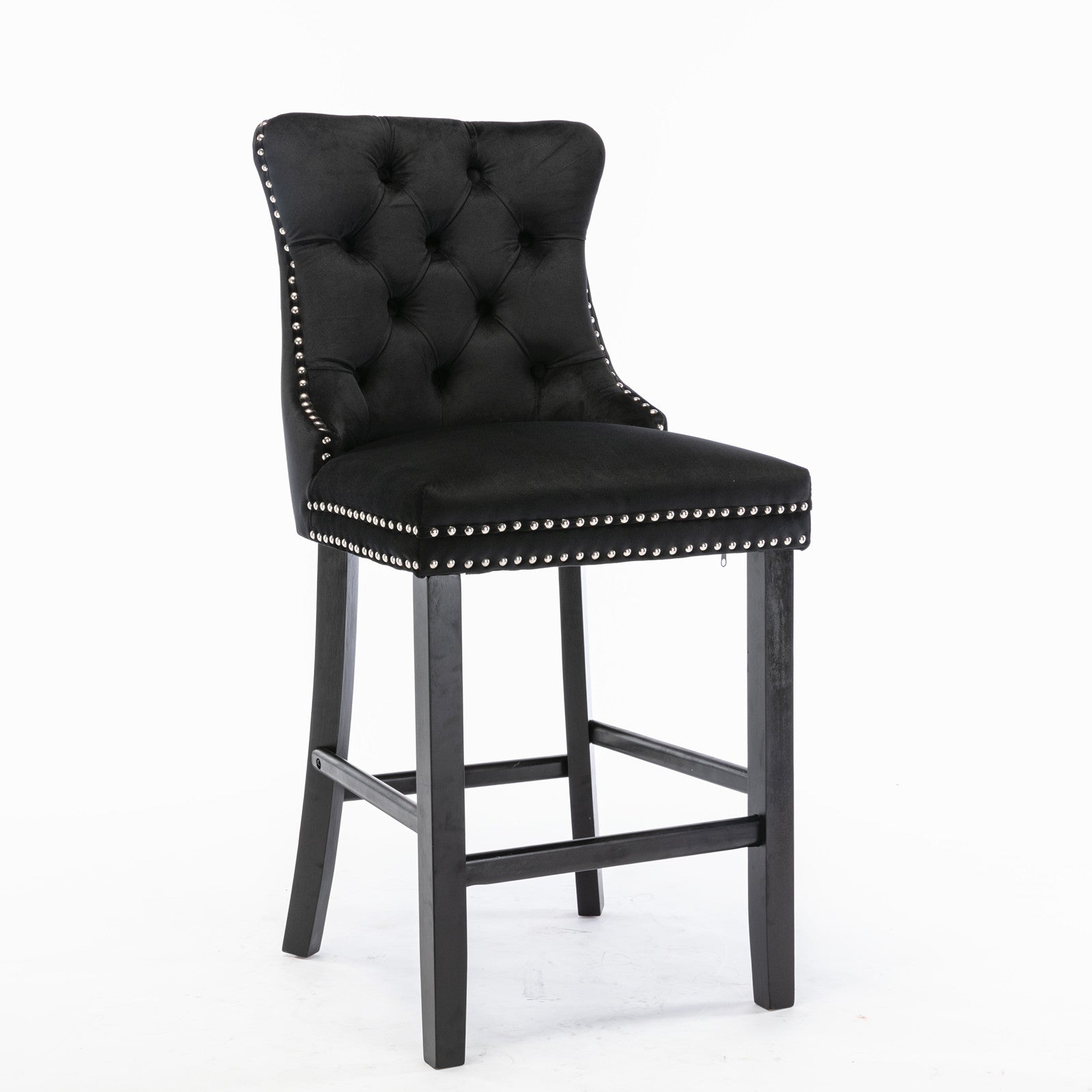 Contemporary Velvet Upholstered Barstools with Button Tufted Decoration and Wooden Legs, and Chrome Nailhead Trim, Leisure Style Bar Chairs,Bar stools, Set of 2 (Black),SW2002BK