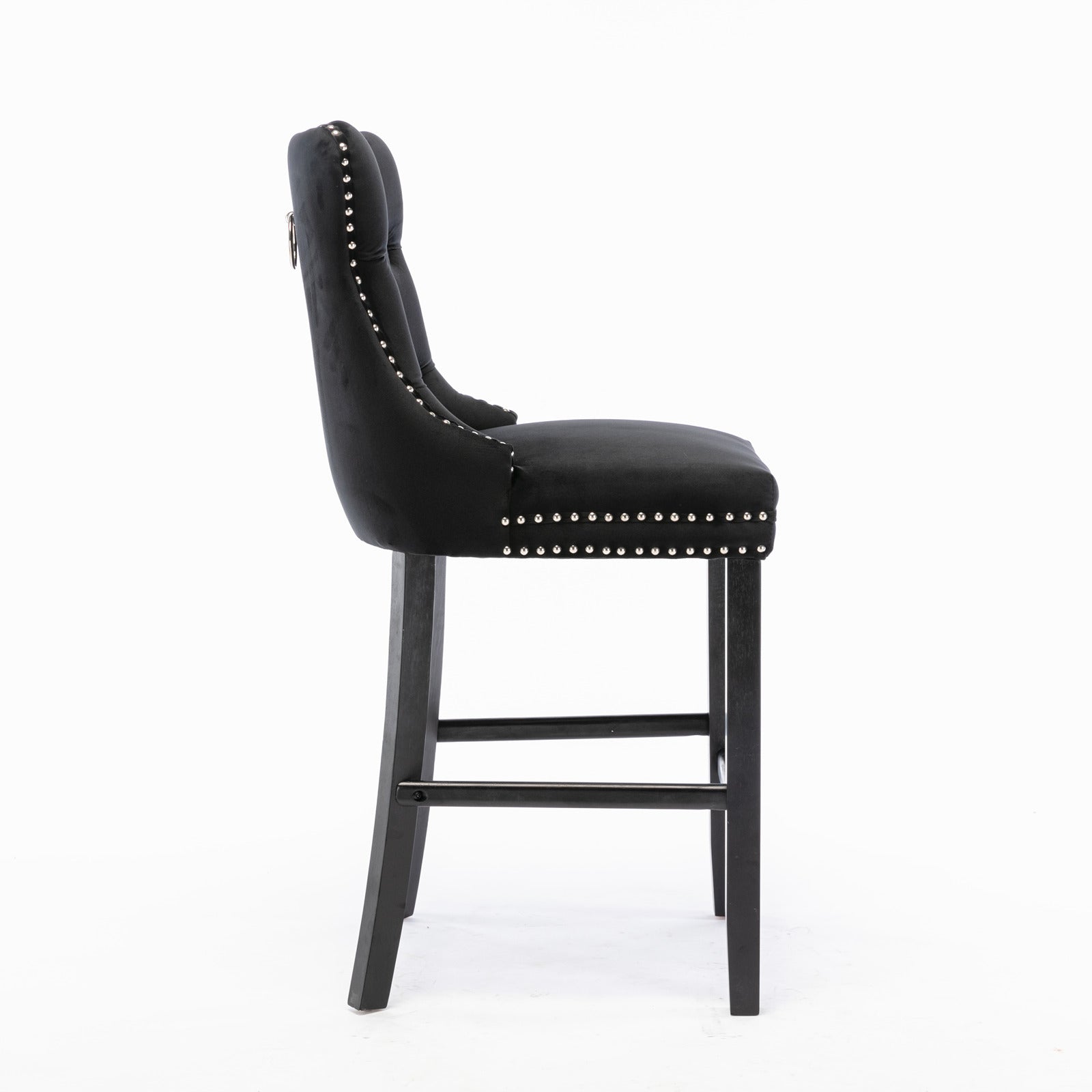 Contemporary Velvet Upholstered Barstools with Button Tufted Decoration and Wooden Legs, and Chrome Nailhead Trim, Leisure Style Bar Chairs,Bar stools, Set of 2 (Black),SW2002BK