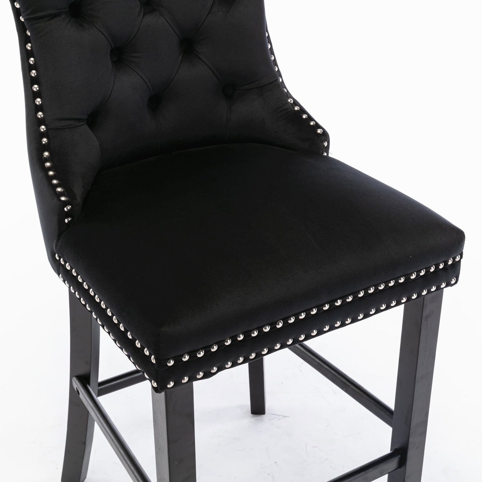 Contemporary Velvet Upholstered Barstools with Button Tufted Decoration and Wooden Legs, and Chrome Nailhead Trim, Leisure Style Bar Chairs,Bar stools, Set of 2 (Black),SW2002BK