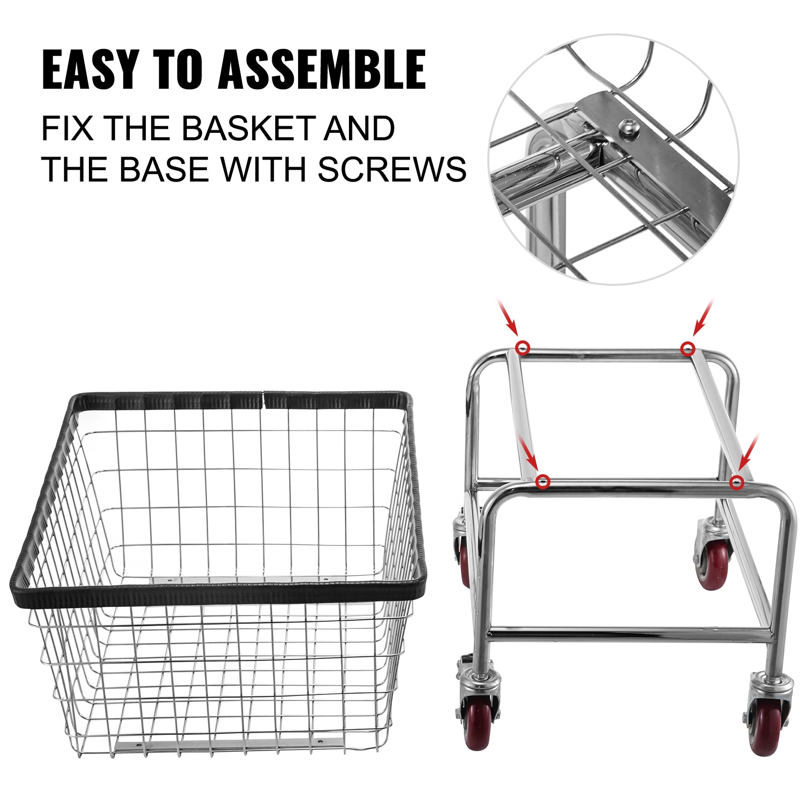 Wire Laundry Cart, 2.5 Bushel Wire Laundry Basket with Wheels, 21''x27''x27.5'' Commercial Wire Laundry Basket Cart, Steel Frame with Chrome Finish, 4inch Casters, Wire Basket Cart For Laundry