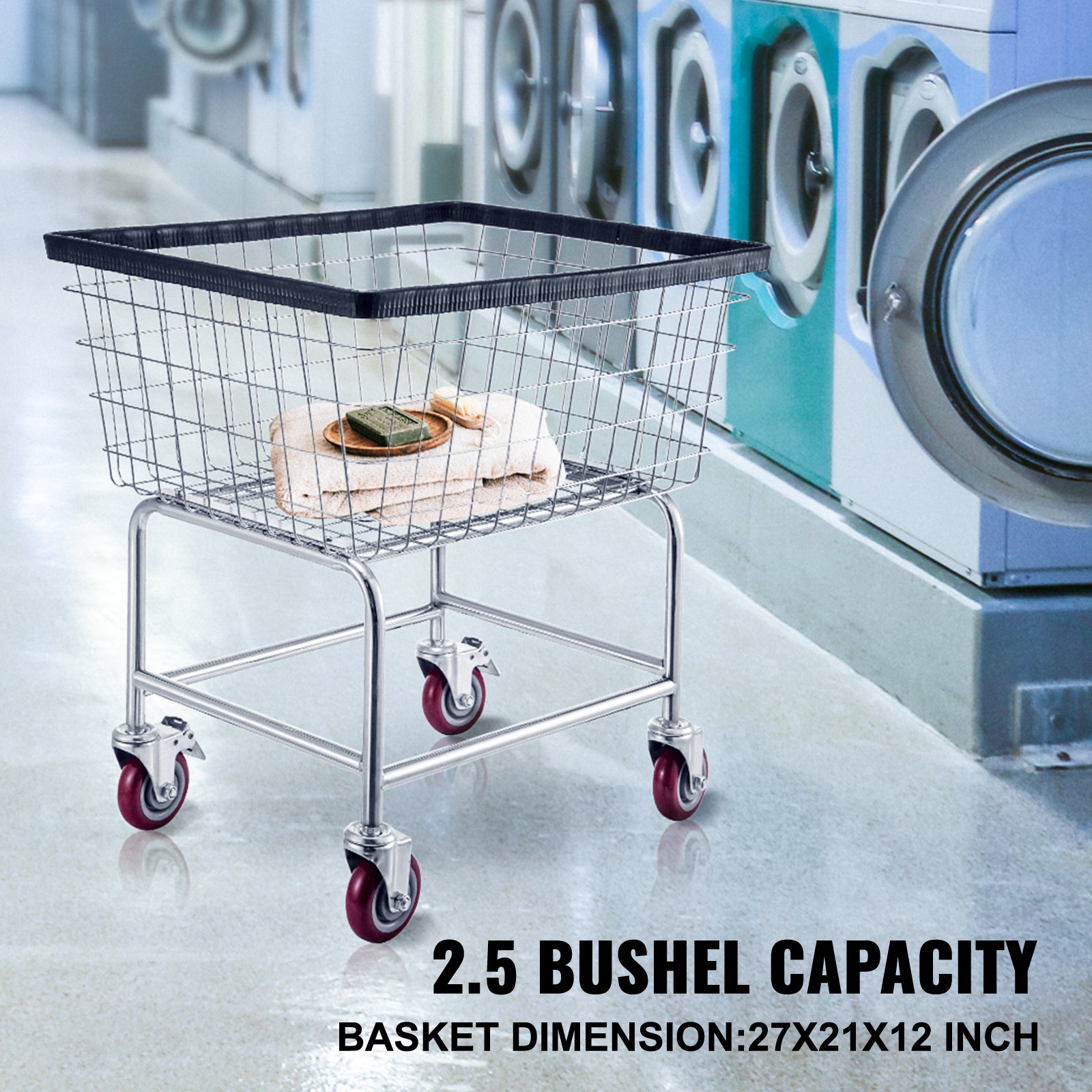 Wire Laundry Cart, 2.5 Bushel Wire Laundry Basket with Wheels, 21''x27''x27.5'' Commercial Wire Laundry Basket Cart, Steel Frame with Chrome Finish, 4inch Casters, Wire Basket Cart For Laundry