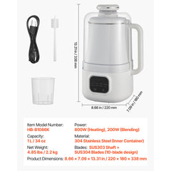 8-in-1 Nut Milk Maker, 34 oz Soy Milk Maker with 200W Blending, for Homemade Oat, Nut, Soy, Juice, Milkshake, Rice Cereal, Plant-Based Beverages with Self-Cleaning, Boil Water, 12-Hour Delay