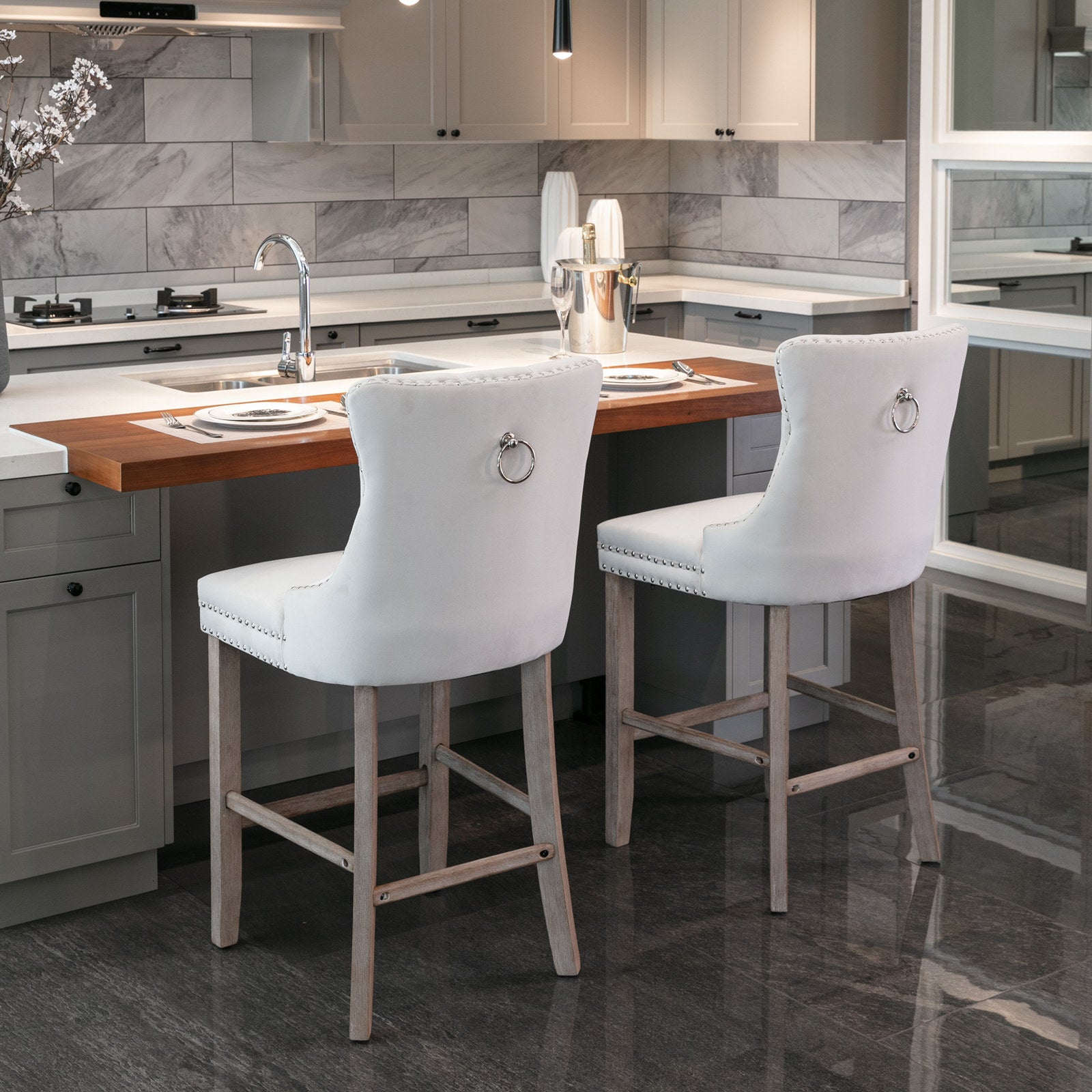 Contemporary Velvet Upholstered Barstools with Button Tufted Decoration and Wooden Legs, and Chrome Nailhead Trim, Leisure Style Bar Chairs,Bar stools, Set of 2 (Beige),SW2002BG
