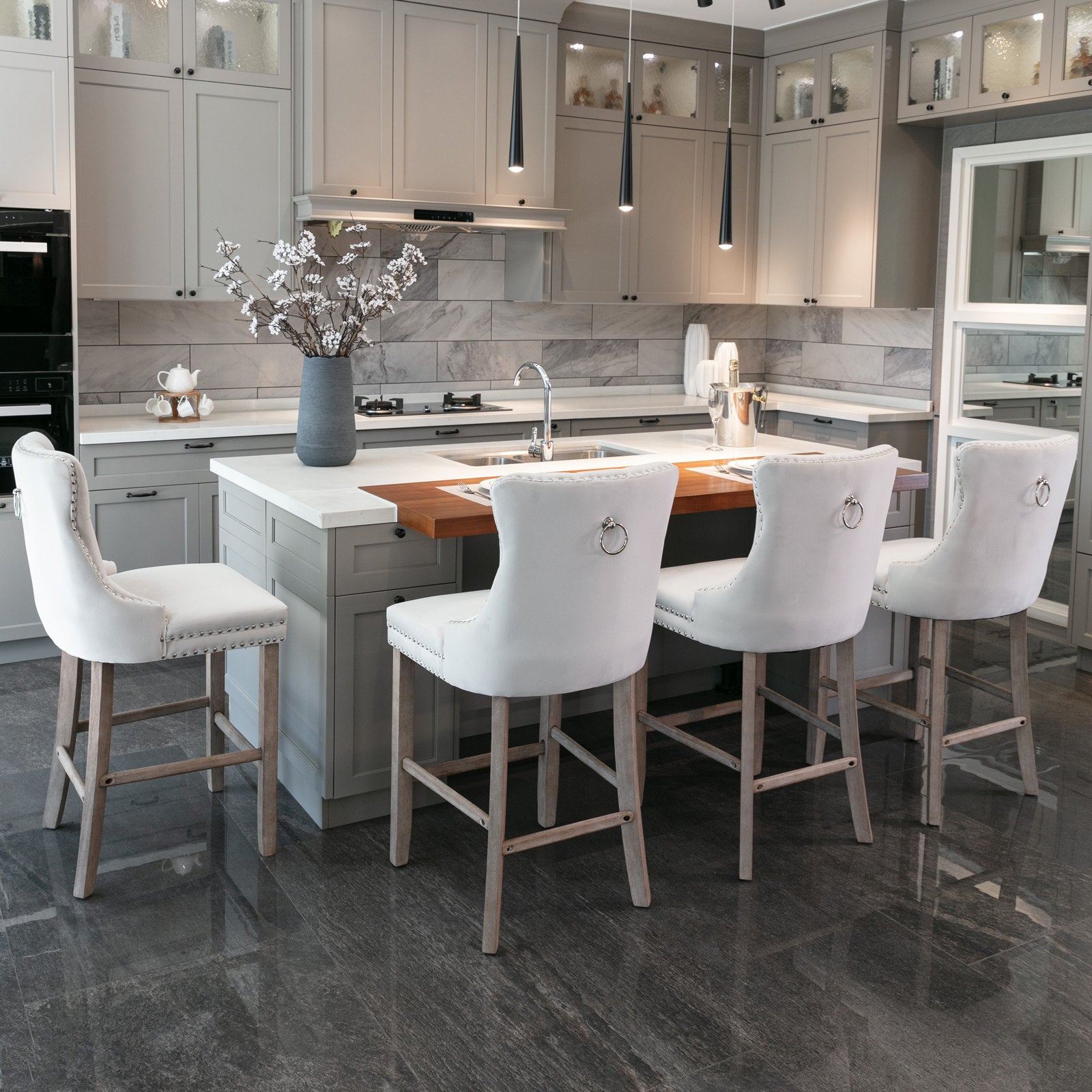 Contemporary Velvet Upholstered Barstools with Button Tufted Decoration and Wooden Legs, and Chrome Nailhead Trim, Leisure Style Bar Chairs,Bar stools, Set of 2 (Beige),SW2002BG