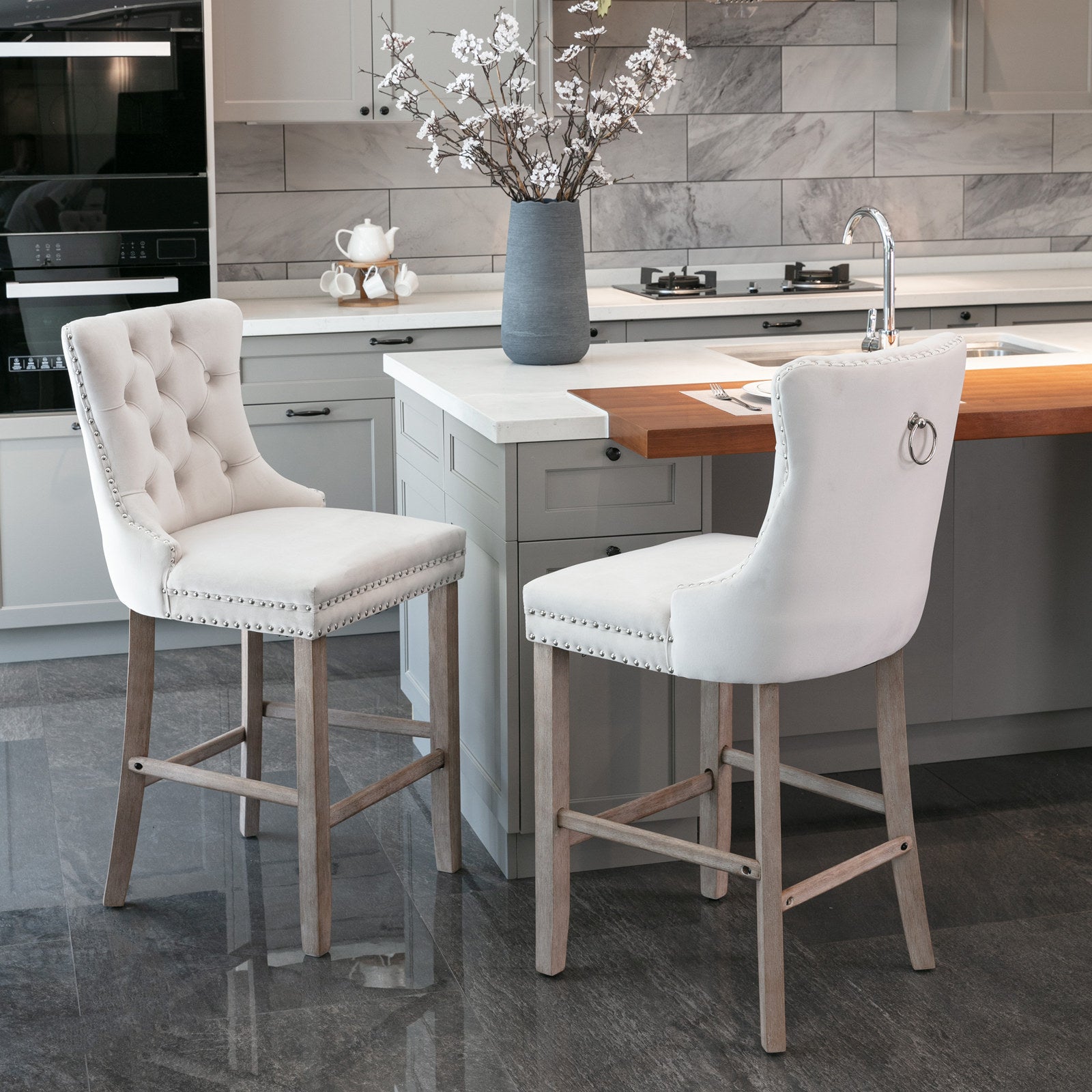 Contemporary Velvet Upholstered Barstools with Button Tufted Decoration and Wooden Legs, and Chrome Nailhead Trim, Leisure Style Bar Chairs,Bar stools, Set of 2 (Beige),SW2002BG