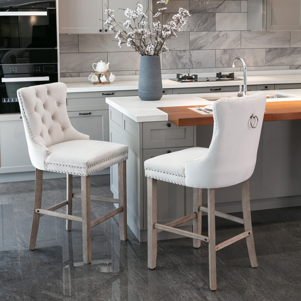 Contemporary Velvet Upholstered Barstools with Button Tufted Decoration and Wooden Legs, and Chrome Nailhead Trim, Leisure Style Bar Chairs,Bar stools, Set of 2 (Beige),SW2002BG