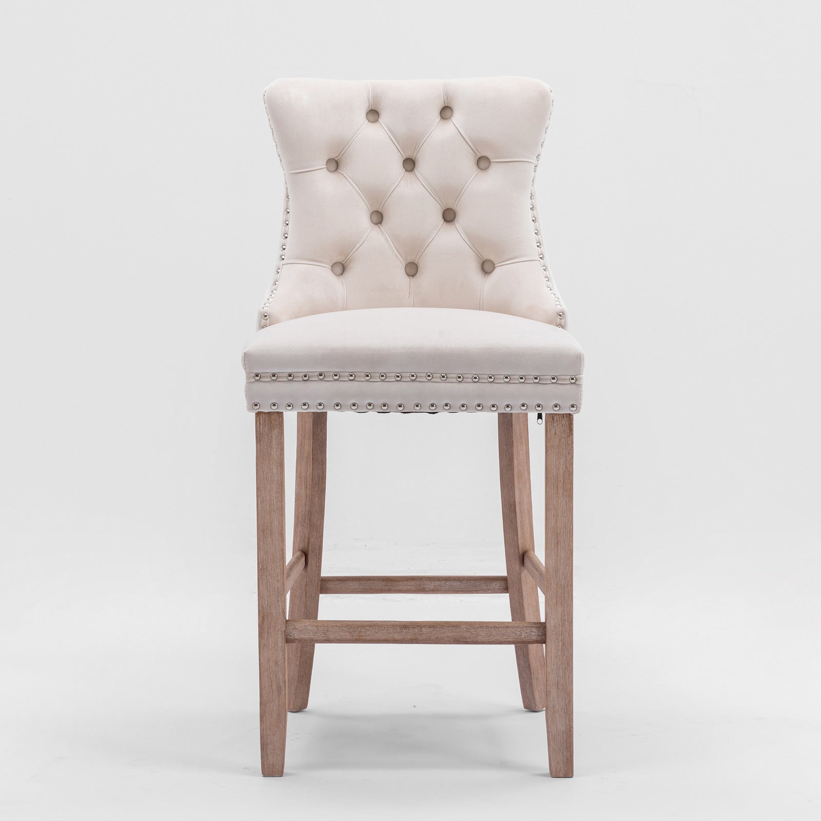 Contemporary Velvet Upholstered Barstools with Button Tufted Decoration and Wooden Legs, and Chrome Nailhead Trim, Leisure Style Bar Chairs,Bar stools, Set of 2 (Beige),SW2002BG