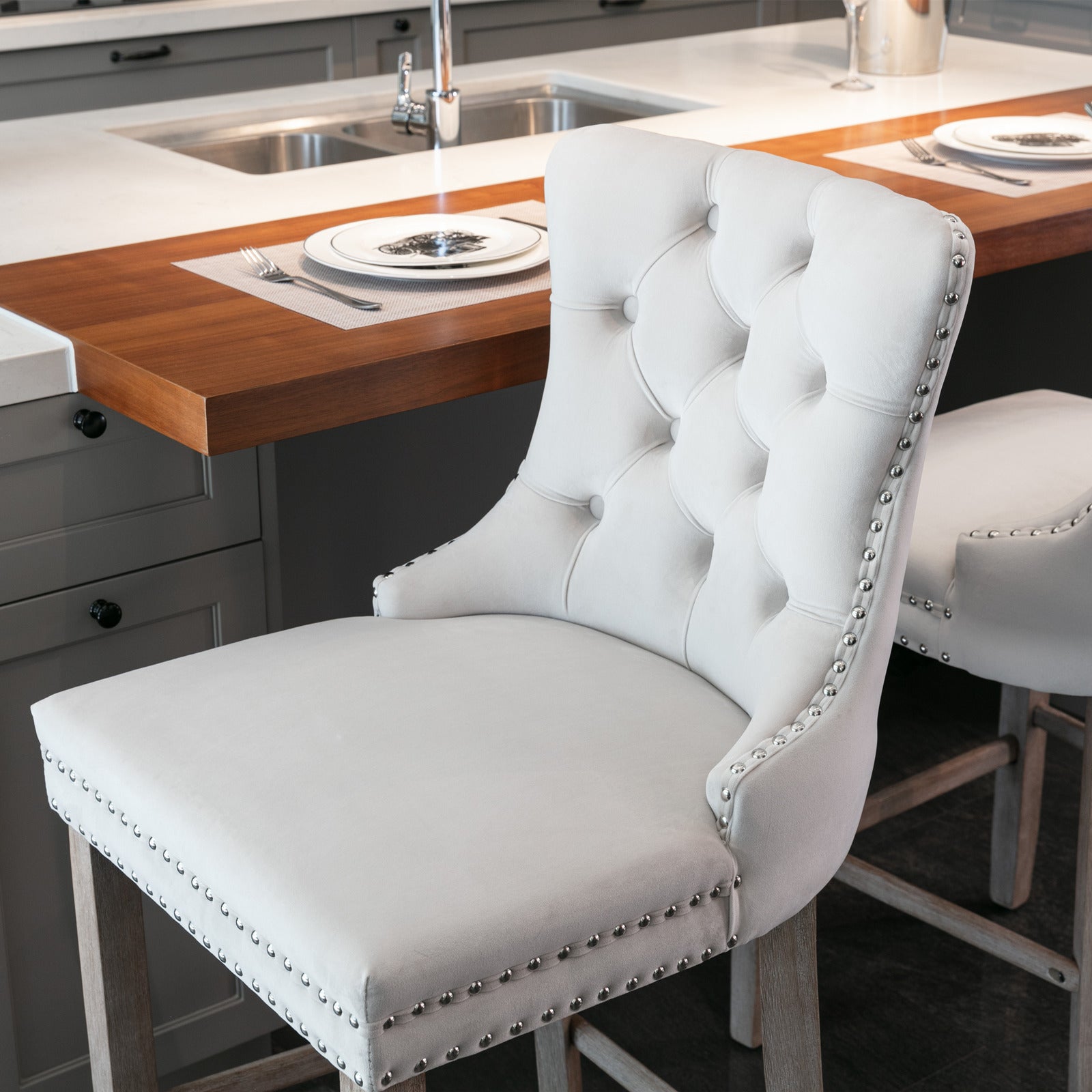 Contemporary Velvet Upholstered Barstools with Button Tufted Decoration and Wooden Legs, and Chrome Nailhead Trim, Leisure Style Bar Chairs,Bar stools, Set of 2 (Beige),SW2002BG