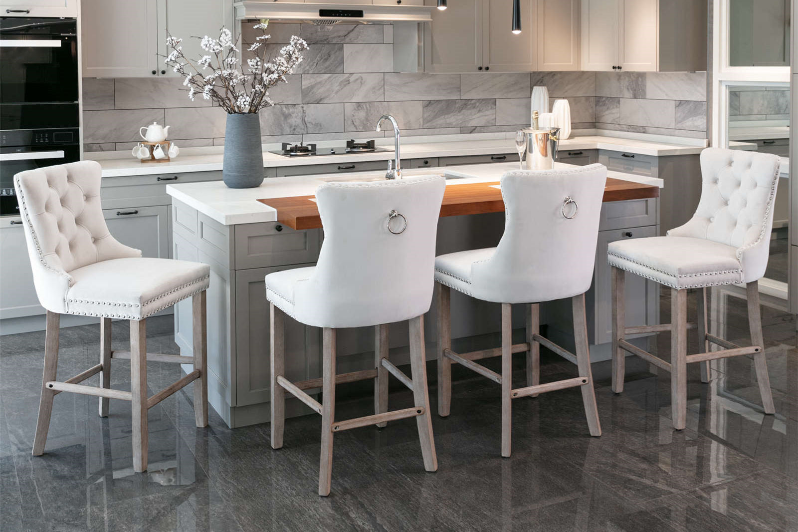 Contemporary Velvet Upholstered Barstools with Button Tufted Decoration and Wooden Legs, and Chrome Nailhead Trim, Leisure Style Bar Chairs,Bar stools, Set of 2 (Beige),SW2002BG