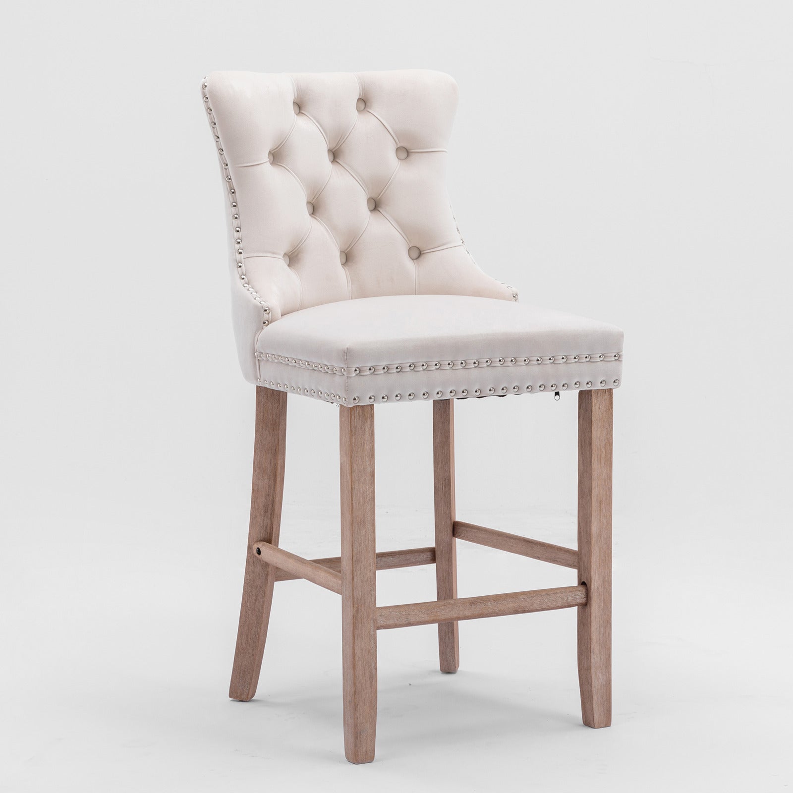Contemporary Velvet Upholstered Barstools with Button Tufted Decoration and Wooden Legs, and Chrome Nailhead Trim, Leisure Style Bar Chairs,Bar stools, Set of 2 (Beige),SW2002BG