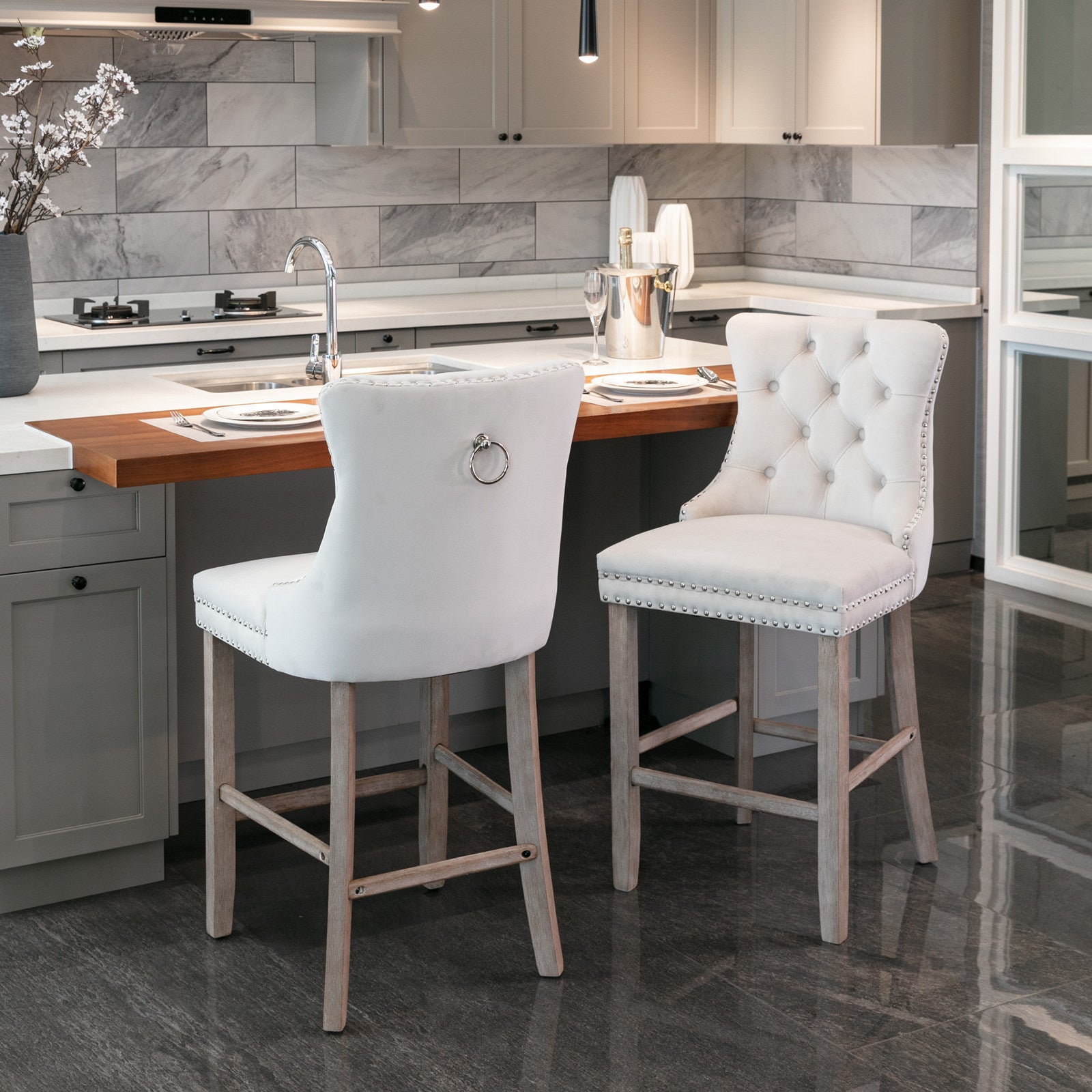 Contemporary Velvet Upholstered Barstools with Button Tufted Decoration and Wooden Legs, and Chrome Nailhead Trim, Leisure Style Bar Chairs,Bar stools, Set of 2 (Beige),SW2002BG