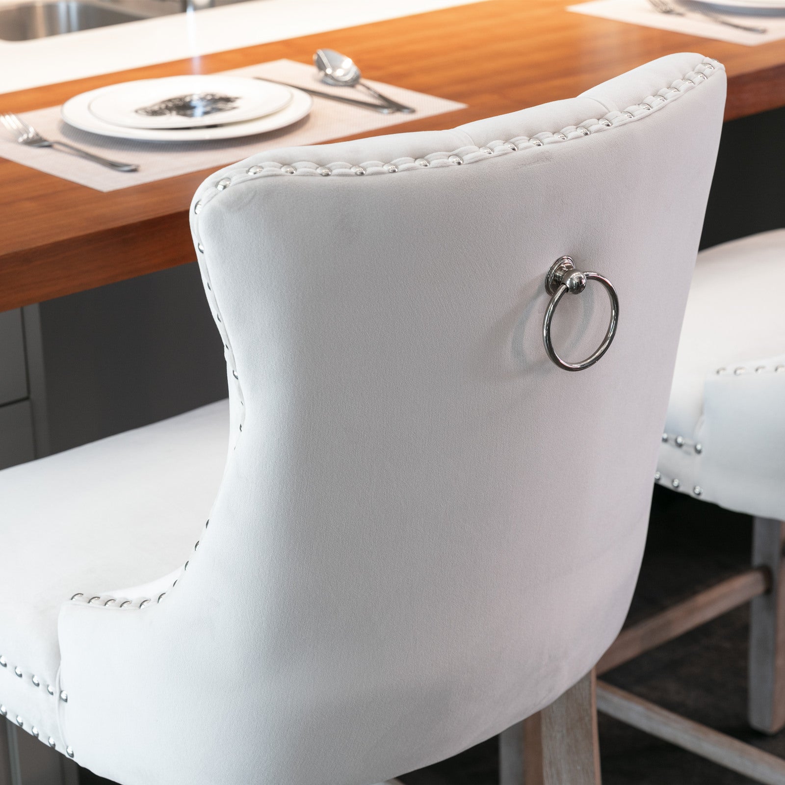 Contemporary Velvet Upholstered Barstools with Button Tufted Decoration and Wooden Legs, and Chrome Nailhead Trim, Leisure Style Bar Chairs,Bar stools, Set of 2 (Beige),SW2002BG
