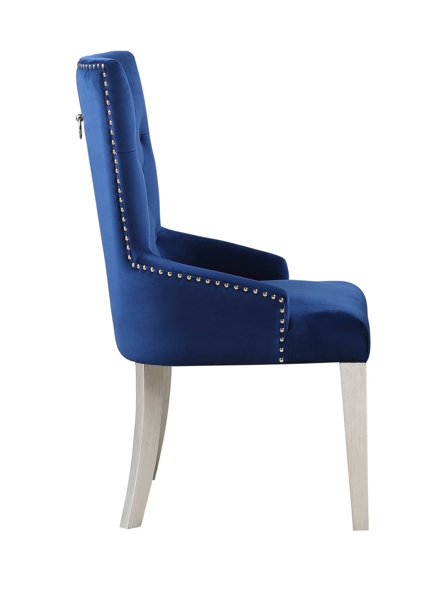 Blue Velvet Chair 1pc Button Tufted Nailhead Trim Platinum Finish Wooden Legs Luxury Dining Room Furniture