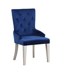 Blue Velvet Chair 1pc Button Tufted Nailhead Trim Platinum Finish Wooden Legs Luxury Dining Room Furniture