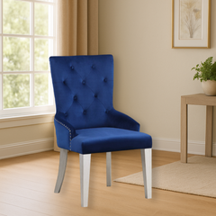 Blue Velvet Chair 1pc Button Tufted Nailhead Trim Platinum Finish Wooden Legs Luxury Dining Room Furniture