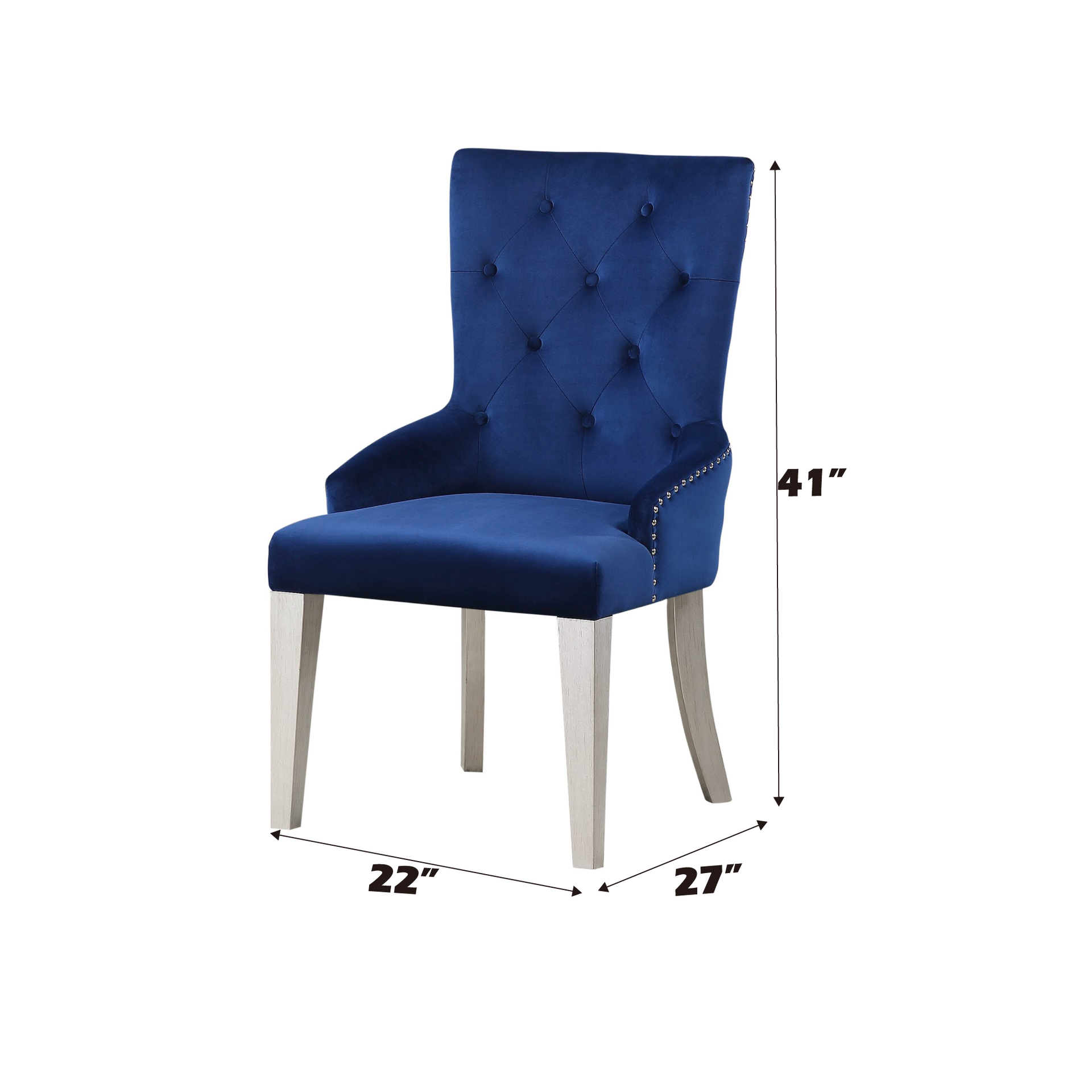 Blue Velvet Chair 1pc Button Tufted Nailhead Trim Platinum Finish Wooden Legs Luxury Dining Room Furniture