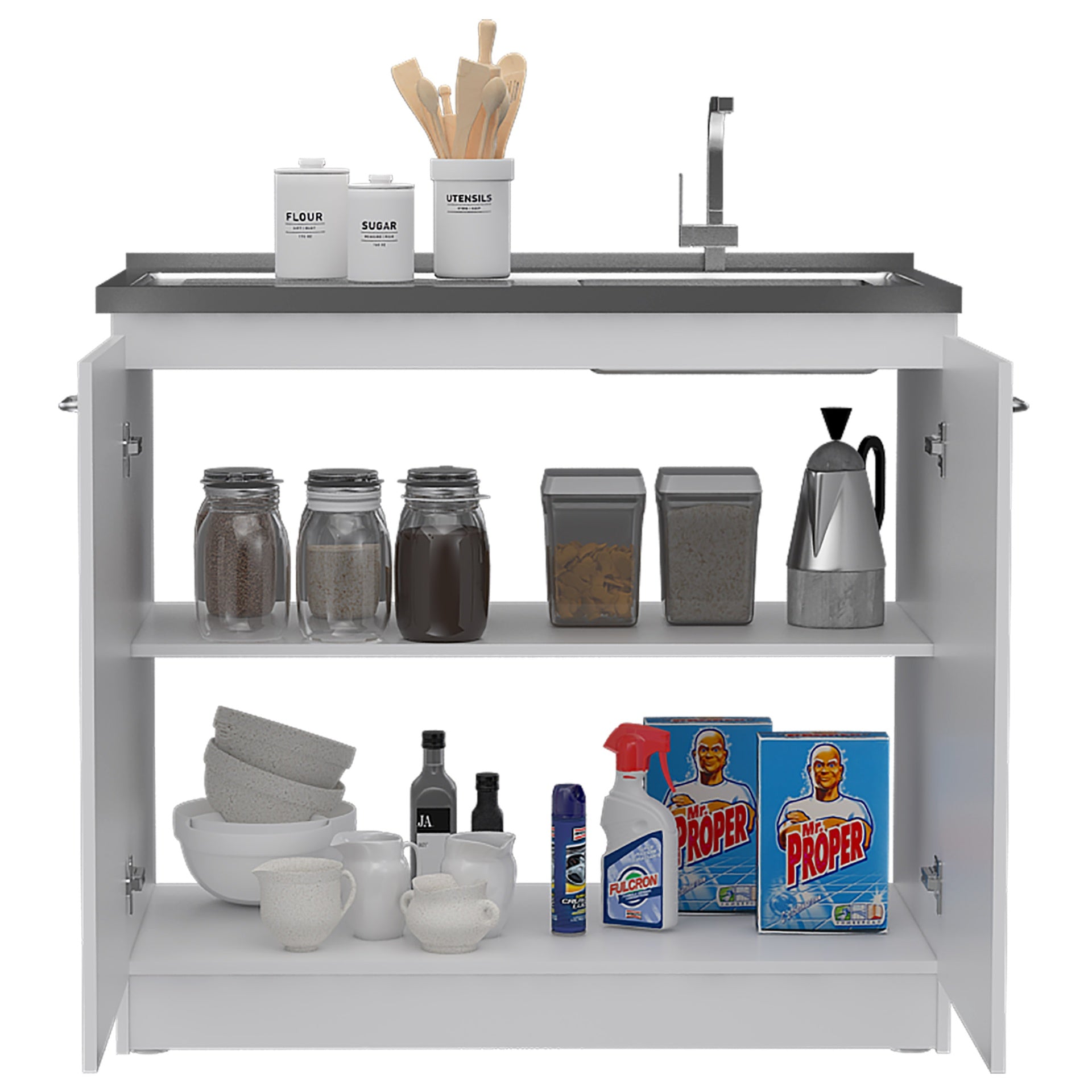 Oklahoma Utility Sink, Double Door Cabinet, Stainless Steel Countertop