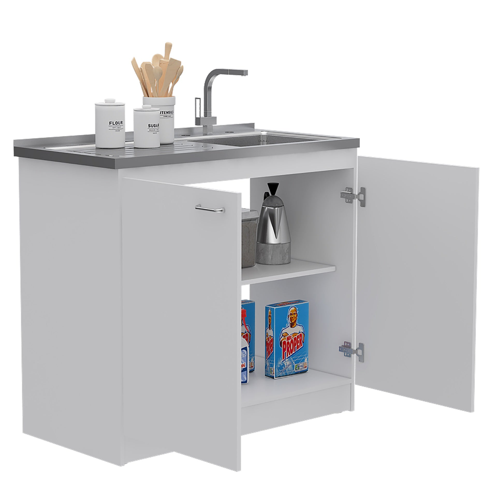 Oklahoma Utility Sink, Double Door Cabinet, Stainless Steel Countertop