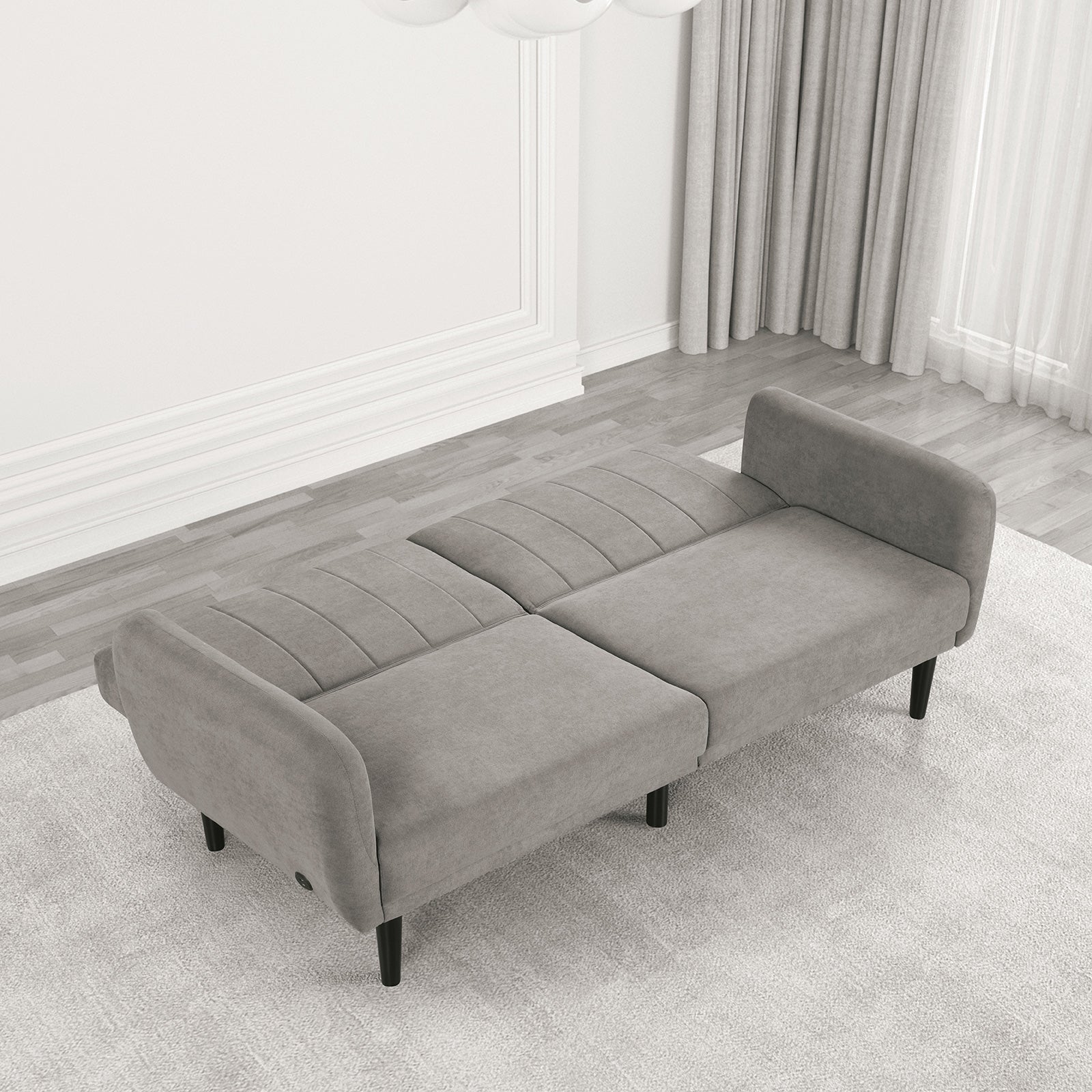 Futon Sofa Gray Color Converts into Bed Tufted Fabric Iron Leg Back Support 1pc Sofa Pocket Coil