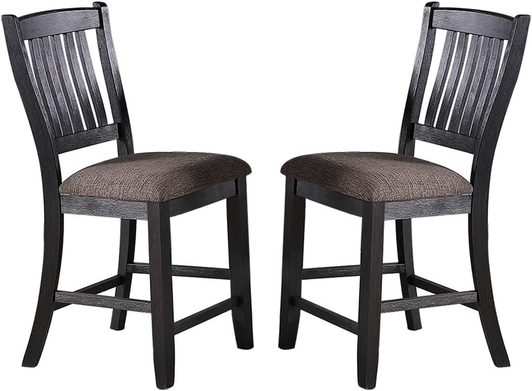 Dark Coffee Classic Wood Kitchen Dining Room Set of 2 High Chairs Fabric upholstered Seat Unique Design Back Counter Height Chairs