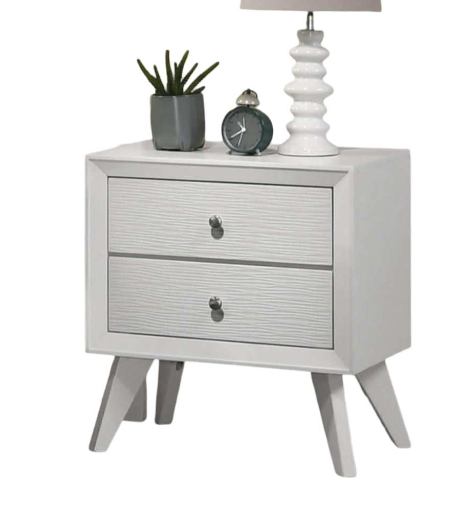 Contemporary White Color 1pc Nightstand Bedroom Furniture Solid wood Wave Texture 2-Drawers Bedside Table Bronze Round Knobs