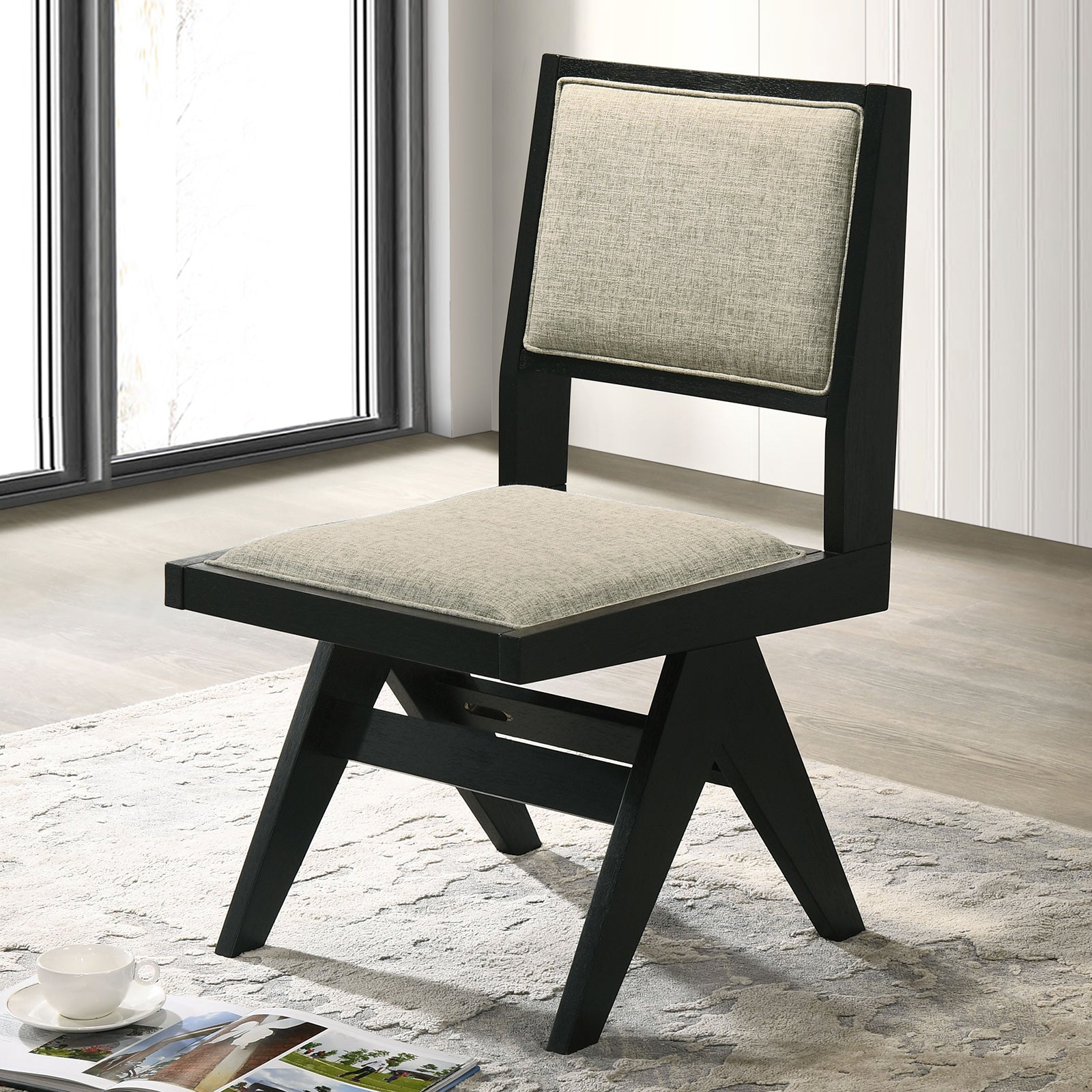 Contemporary Black Color 2pc Dining Side Chairs Light Gray Fabric Upholstered Chairs Arms Dining Room