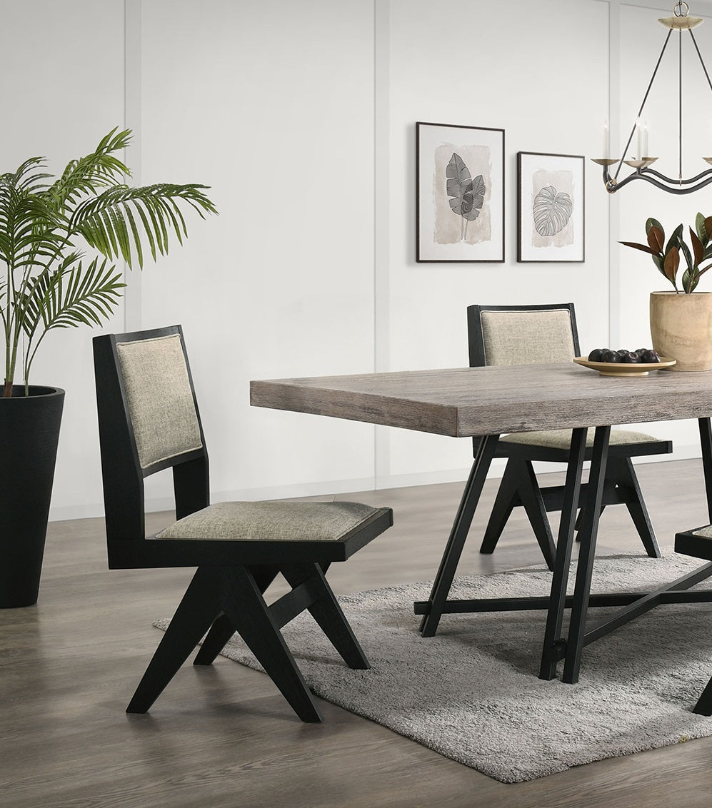 Contemporary Black Color 2pc Dining Side Chairs Light Gray Fabric Upholstered Chairs Arms Dining Room