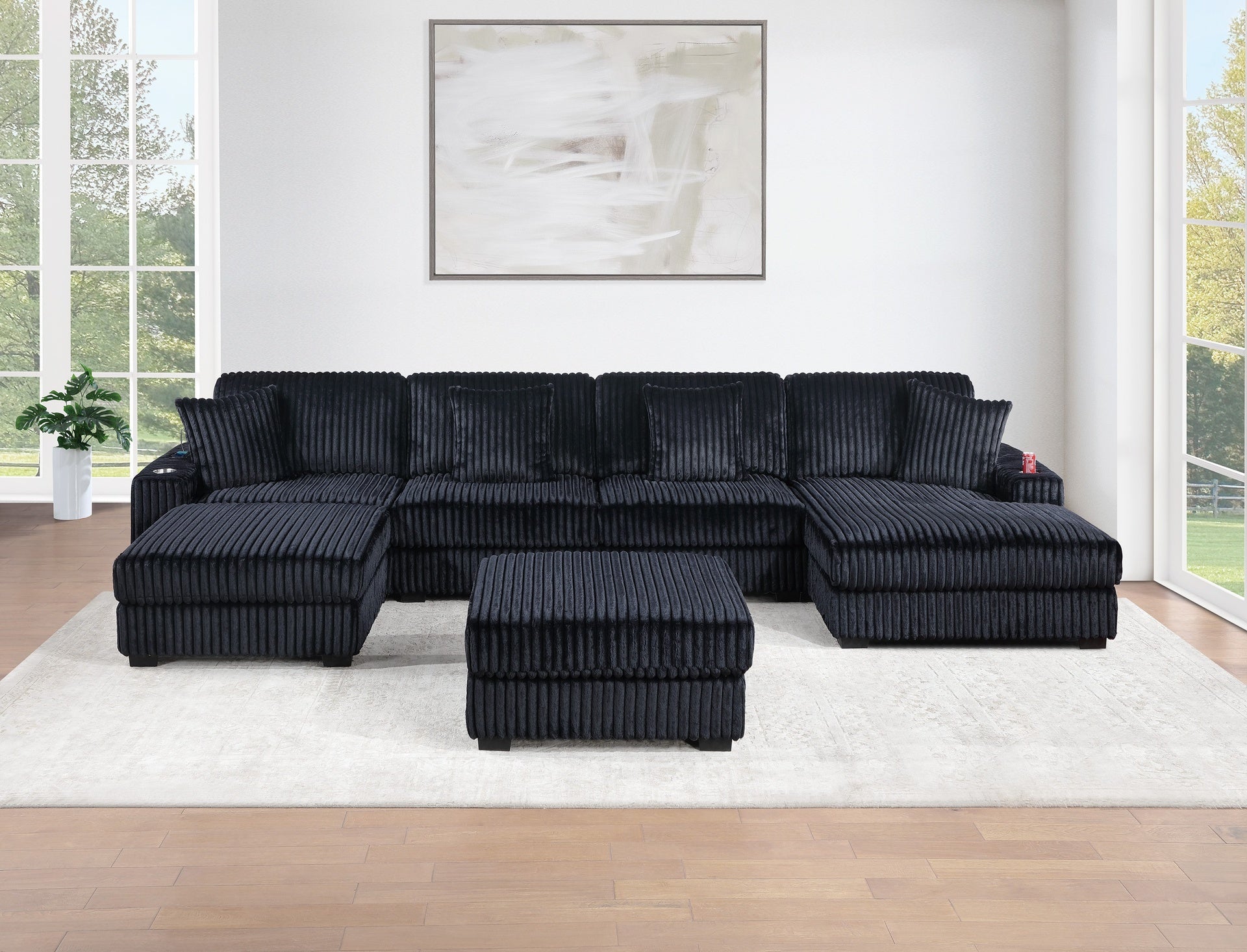 Black Fur-Like Corduroy Armless Chair Modular 1pc Chair w Pillow Living Room Furniture Modern Contemporary Style