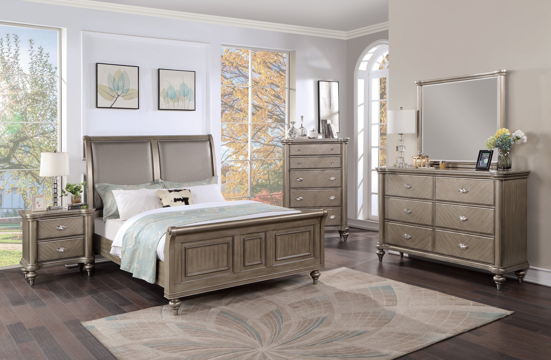 Luxury Antique Silver / Champagne Finish Dresser w Mirror Storage Space Drawers Bedroom Furniture