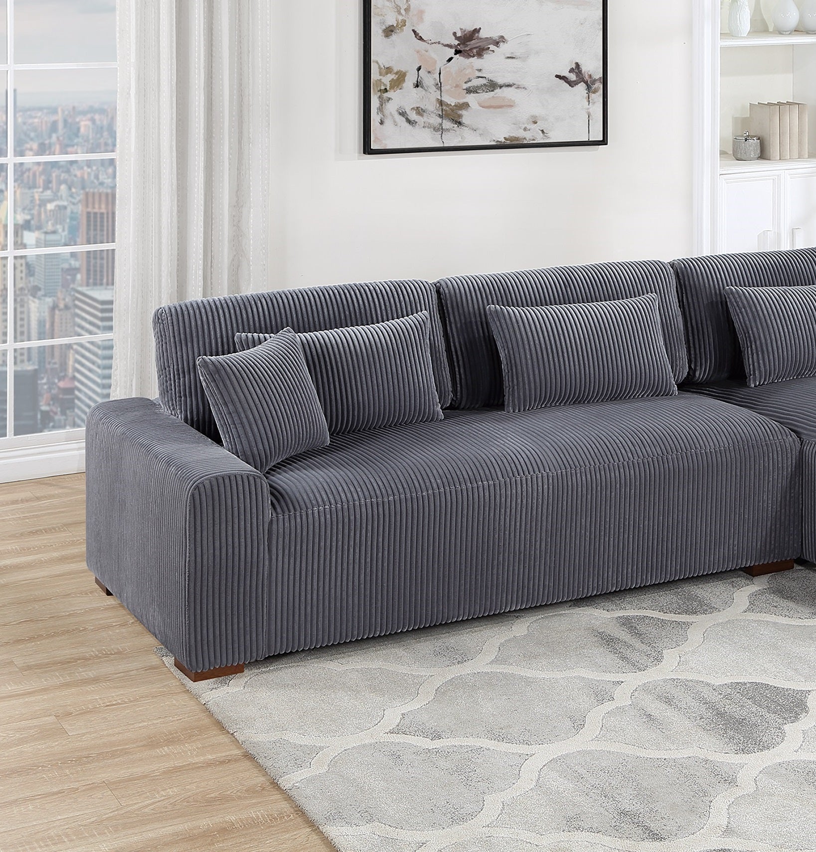Modern 2pc Sectional Set XL Plush Corduroy Fabric Dark Gray LAF Sofa RAF Chaise Living Room Couch
