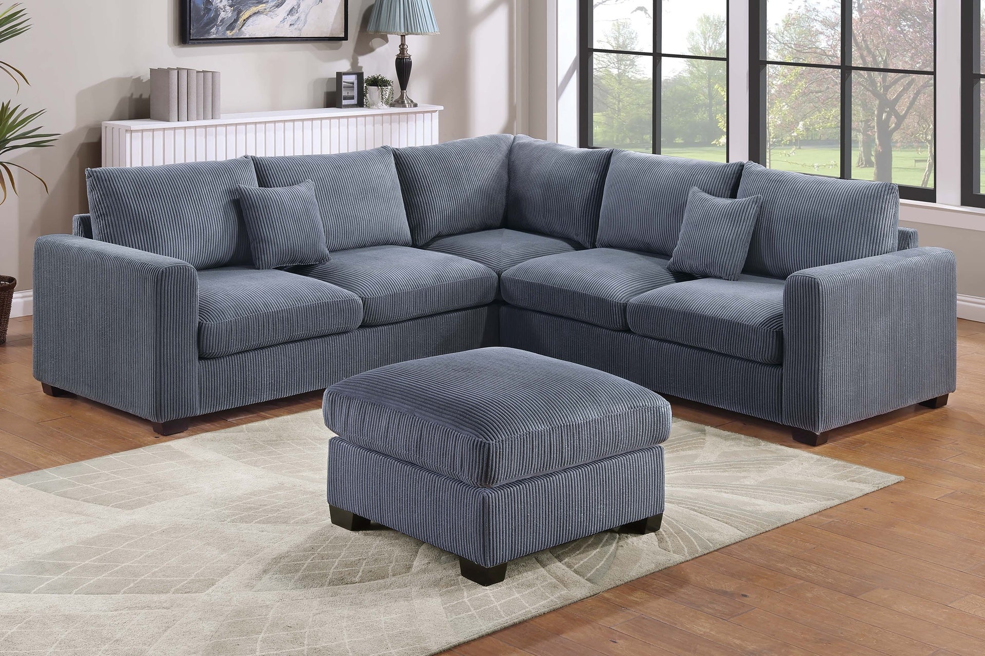 Modern Style L-Shaped 4pc Sectional Set Cocktail Ottoman Square Arms Throw Pillow Corduroy Upholstered Dark Gray Finish Primary Living Room
