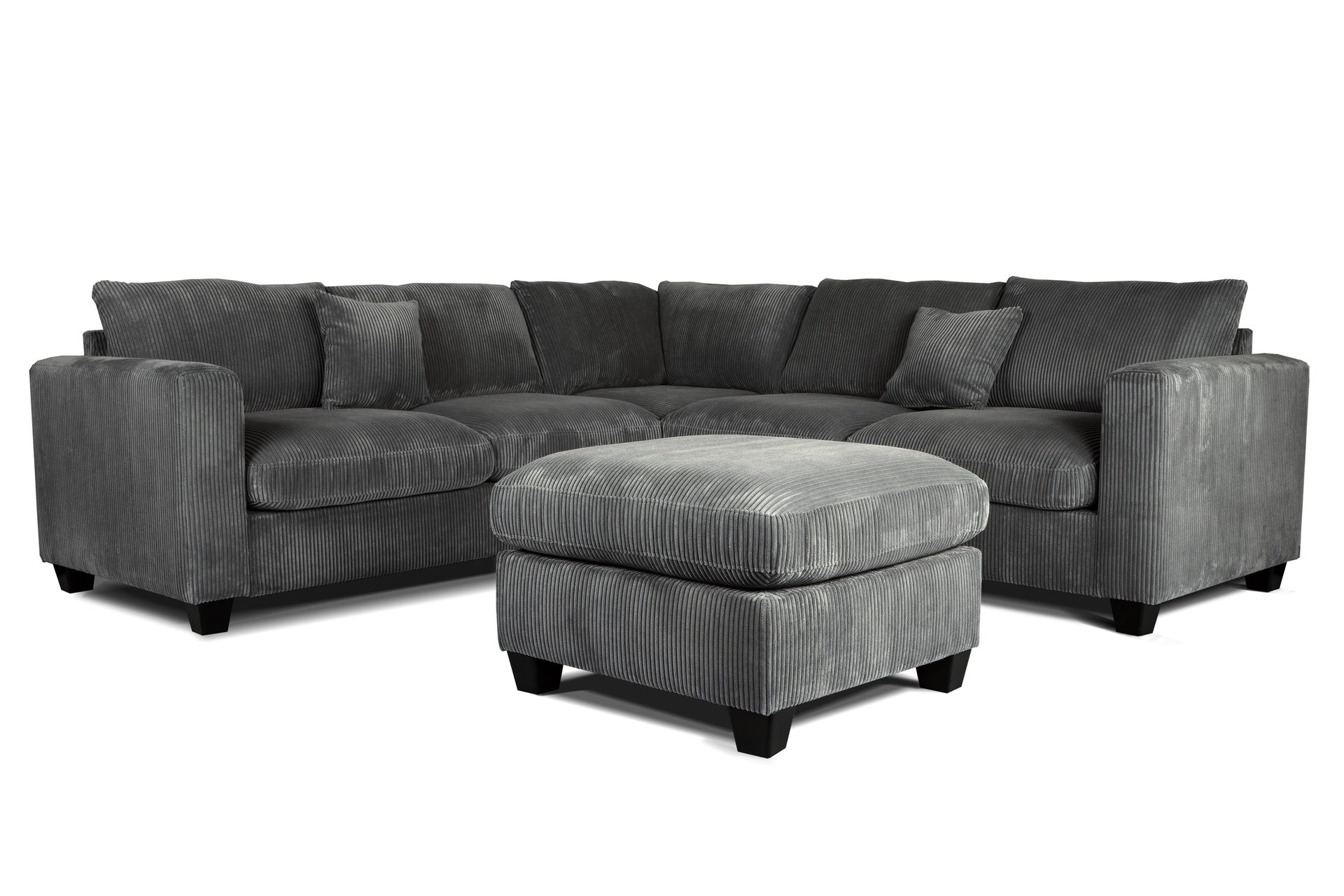 Modern Style L-Shaped 4pc Sectional Set Cocktail Ottoman Square Arms Throw Pillow Corduroy Upholstered Dark Gray Finish Primary Living Room
