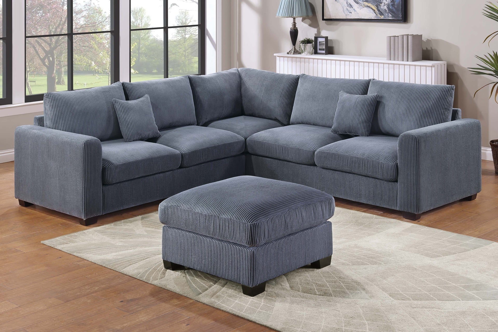 Modern Style L-Shaped 4pc Sectional Set Cocktail Ottoman Square Arms Throw Pillow Corduroy Upholstered Dark Gray Finish Primary Living Room