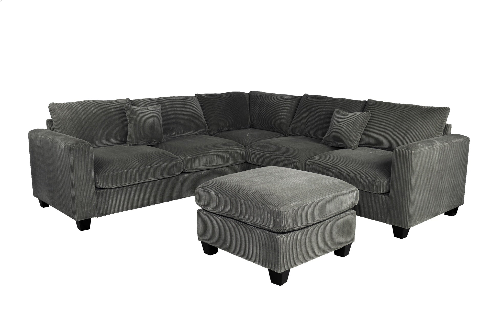 Modern Style L-Shaped 4pc Sectional Set Cocktail Ottoman Square Arms Throw Pillow Corduroy Upholstered Dark Gray Finish Primary Living Room