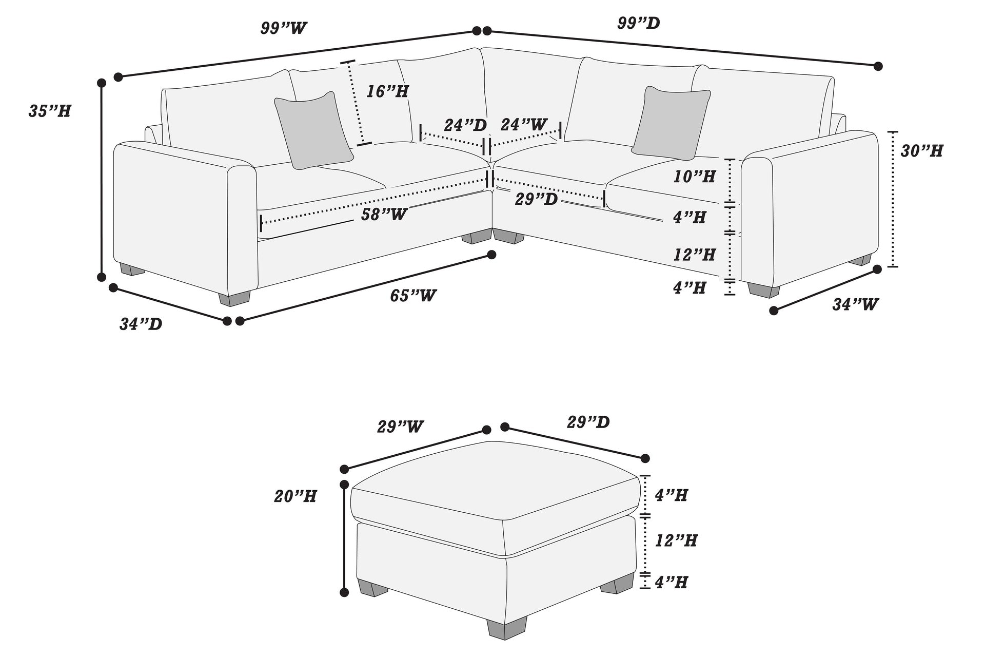 Modern Style L-Shaped 4pc Sectional Set Cocktail Ottoman Square Arms Throw Pillow Corduroy Upholstered Dark Gray Finish Primary Living Room