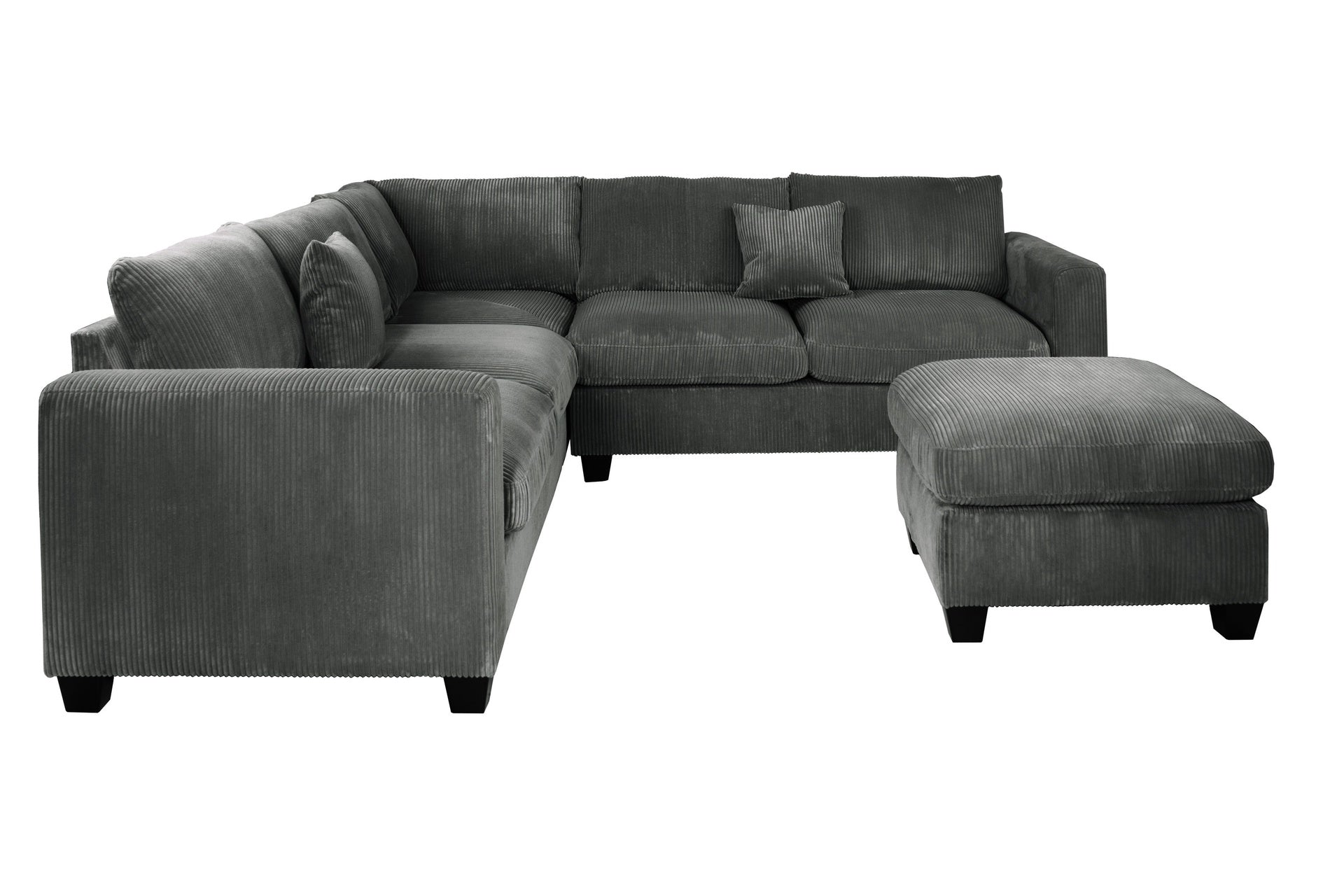 Modern Style L-Shaped 4pc Sectional Set Cocktail Ottoman Square Arms Throw Pillow Corduroy Upholstered Dark Gray Finish Primary Living Room
