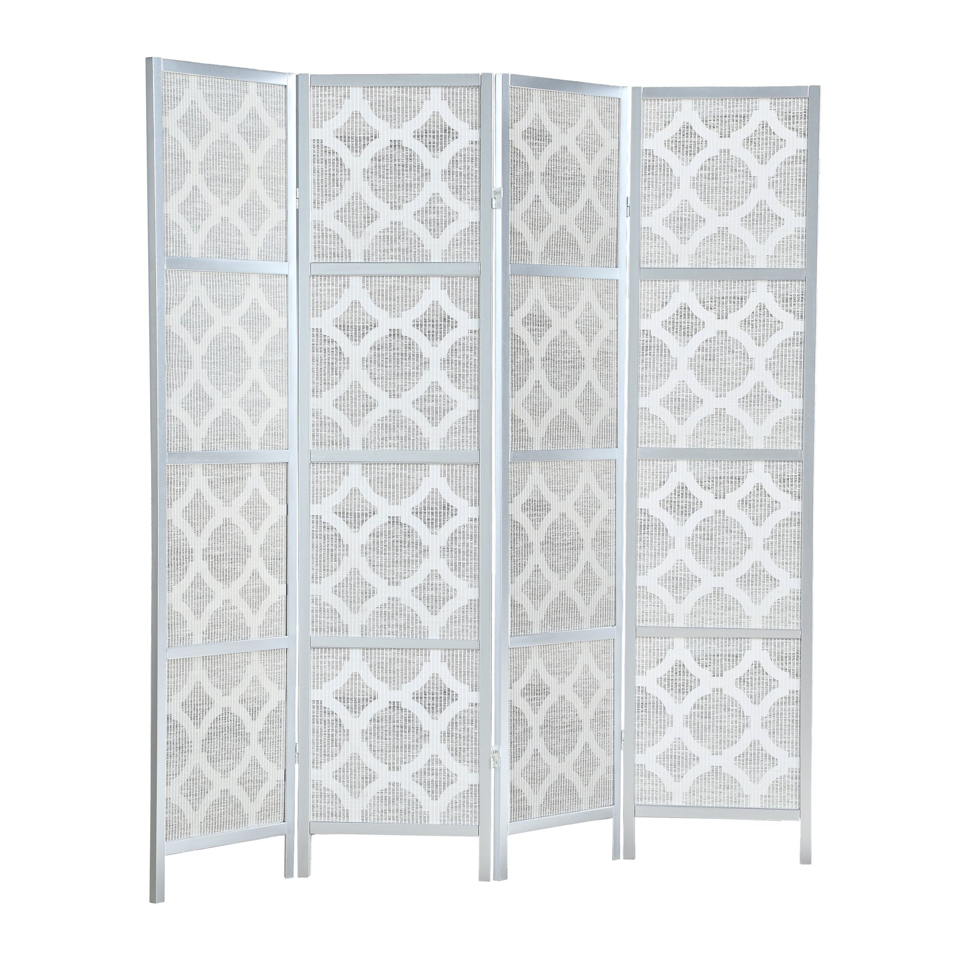 Quarterfoil infused Diamond Design 4-Panel Room Divider, Silver