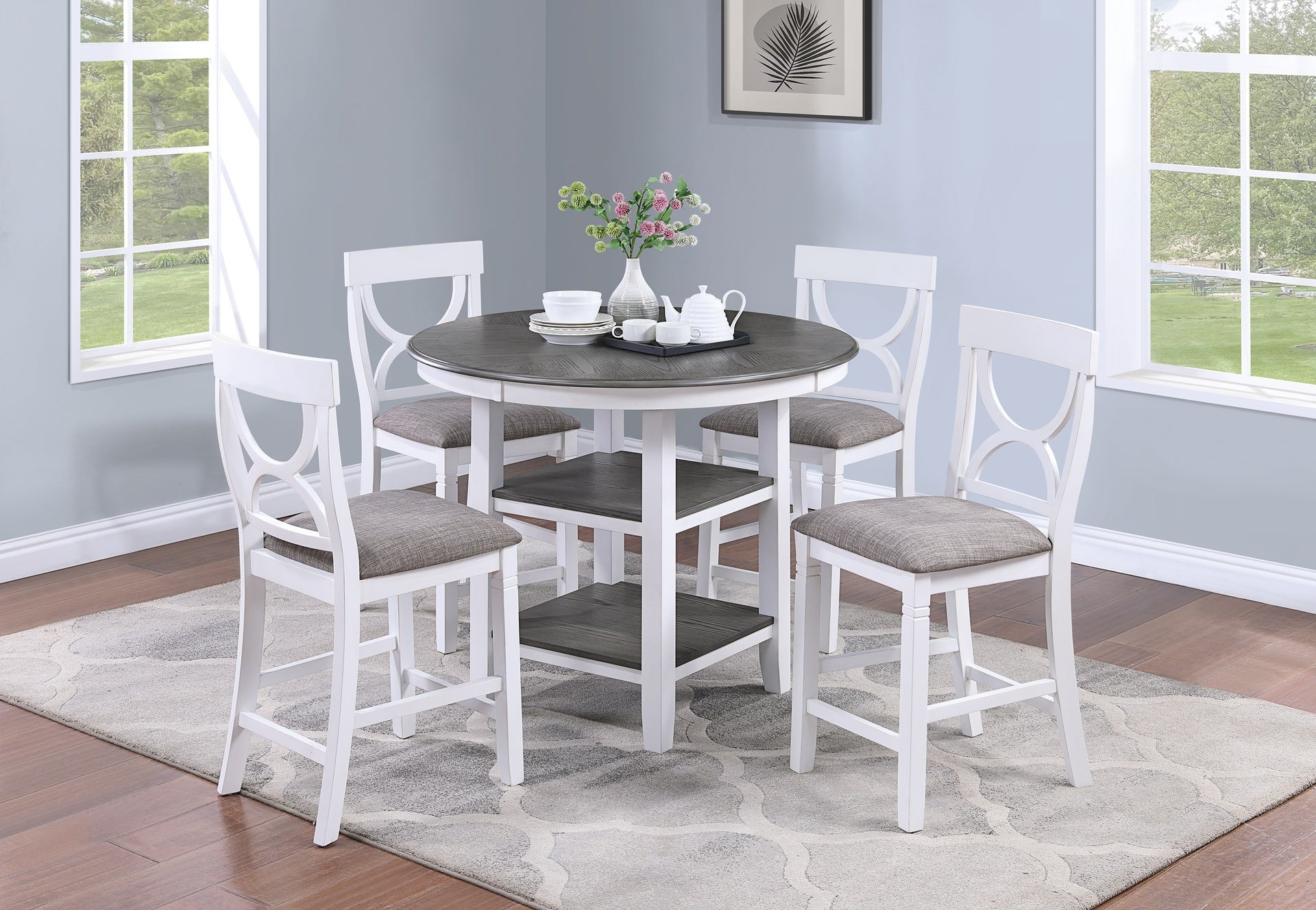 Counter Height Dining Table w Storage Shelve 4x Chairs Padded Seat Unique Design Back 5pc Dining Set White Color