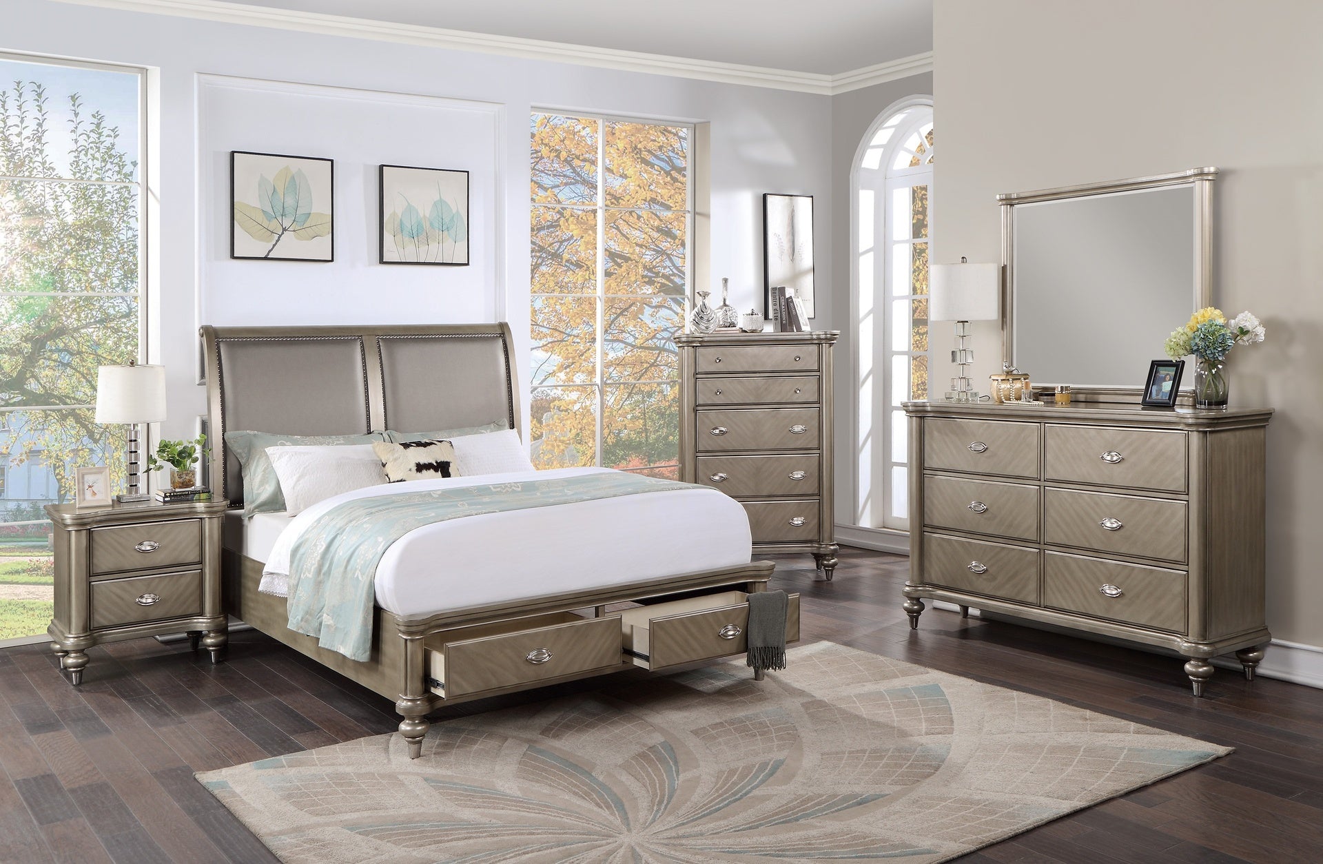 Luxury Classic Antique Silver / Champagne Finish 1pc Chest of Drawers Storage Space Bedroom Furniture