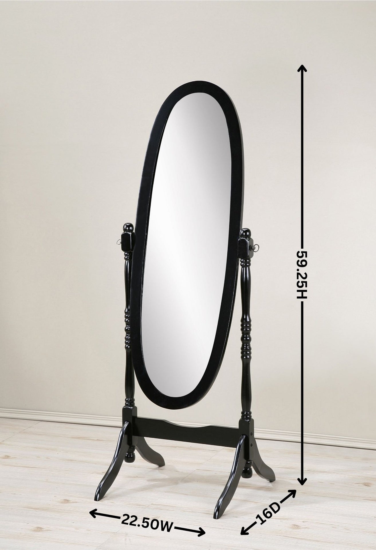 Traditional Queen Anna Style Wood Floor Cheval Mirror, Black Finish