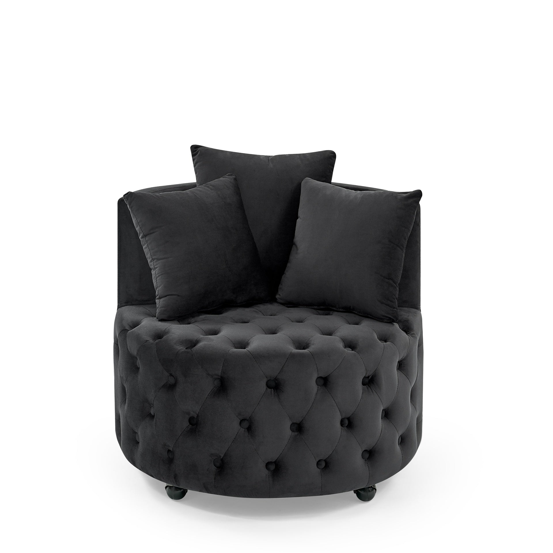Velvet Upholstered Swivel Chair for Living Room, with Button Tufted Design and Movable Wheels, Including 3 Pillows, Black