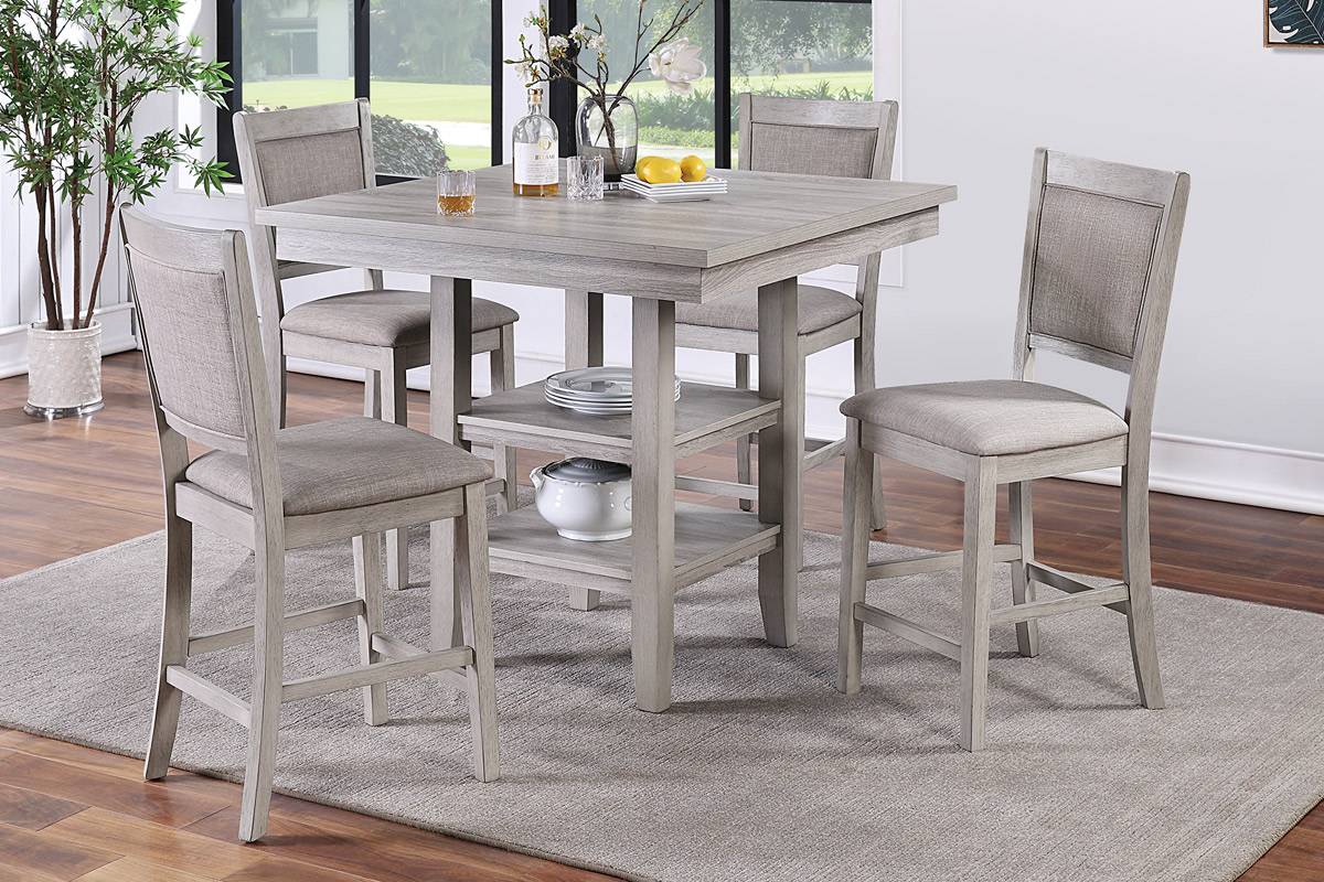 Dining Room Furniture Counter Height 5pc Set Square Table w Shelves Cushion Chairs Modern Style Rustic Grey