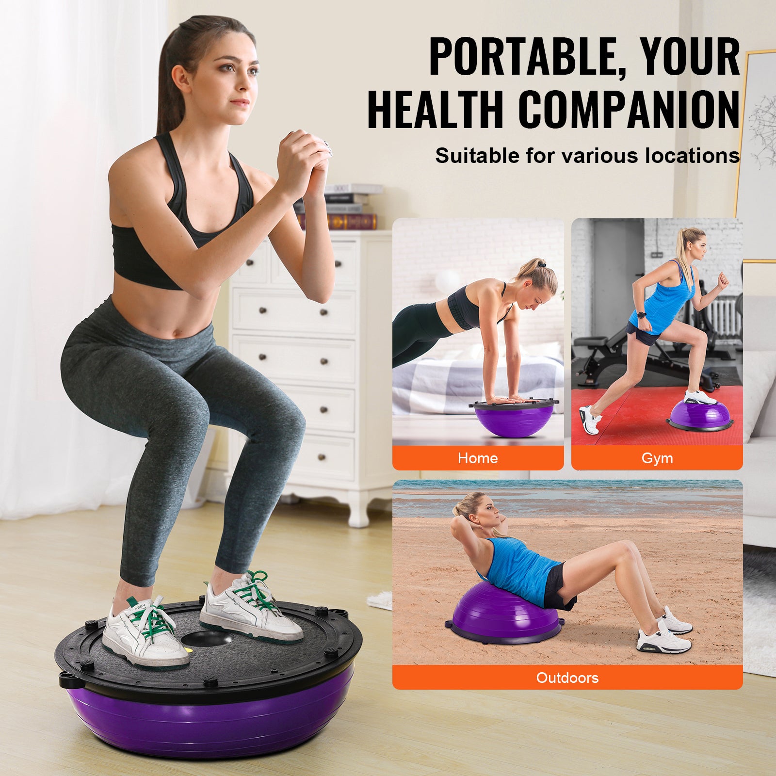 Half Exercise Ball Trainer, 23 inch Balance Ball Trainer, 660lbs Stability Ball, Yoga Ball with Resistance Bands & Foot Pump, Strength Fitness Ball for Home Gym, Full Body Workout, Purple