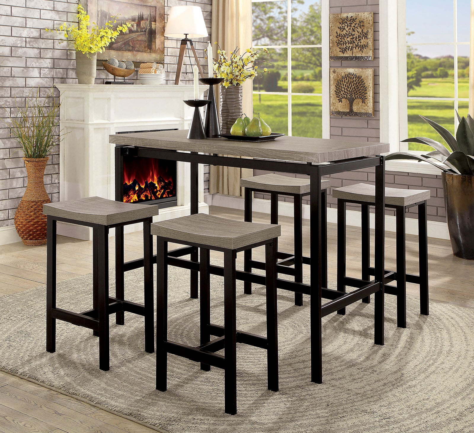 5 Pc Counter Height Table Set Two Tone Design Black Gray Dining Chairs Sturdy Metal Construction PVC Table Top Dining Room Furniture